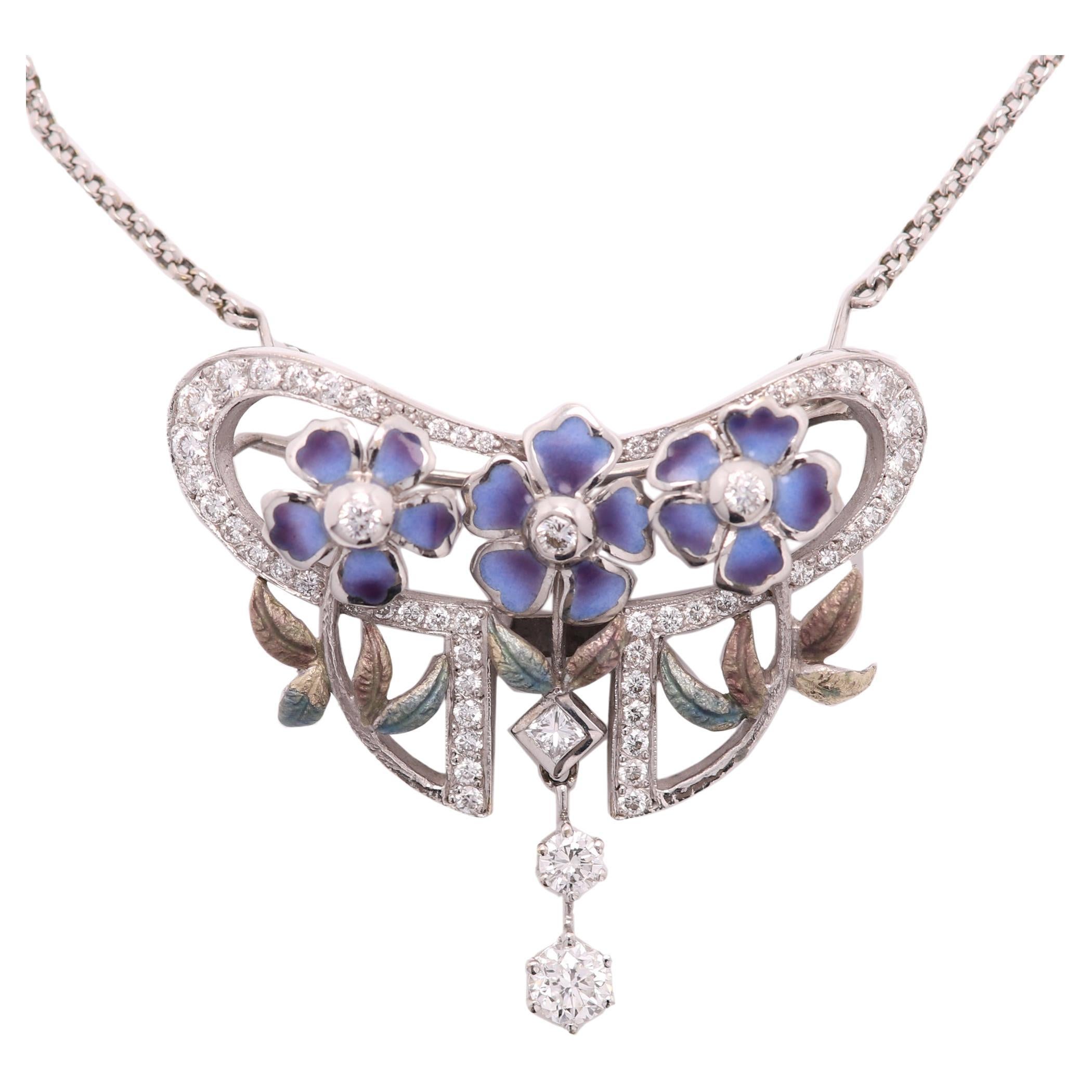 Nouveau Enamel Pendant 18 Karat Gold Flower and Pearl Style For Sale at ...