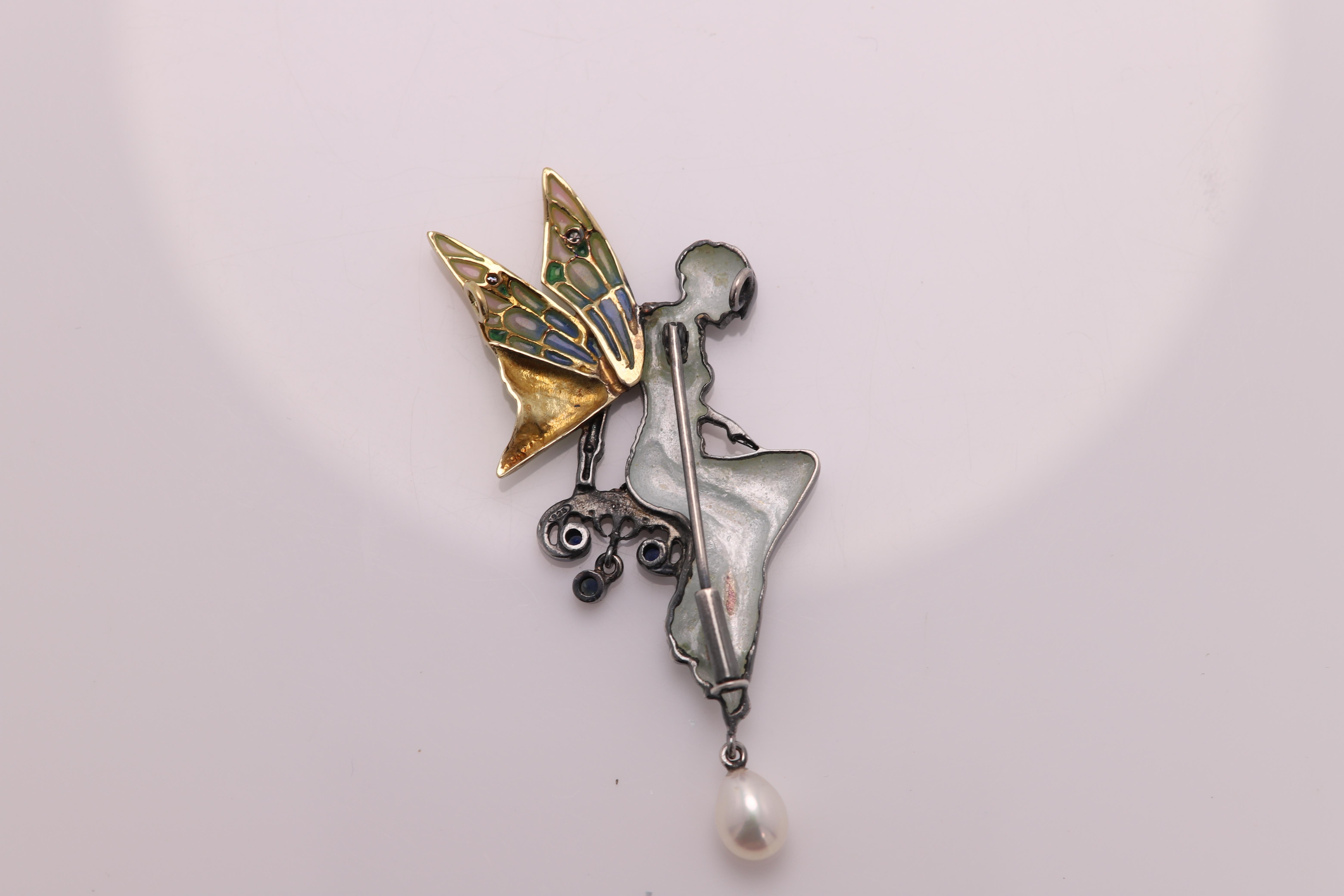 Nouveau 1910 Collier broche en émail argent et or 18 carats Fairy Lady Style Neuf - En vente à Brooklyn, NY