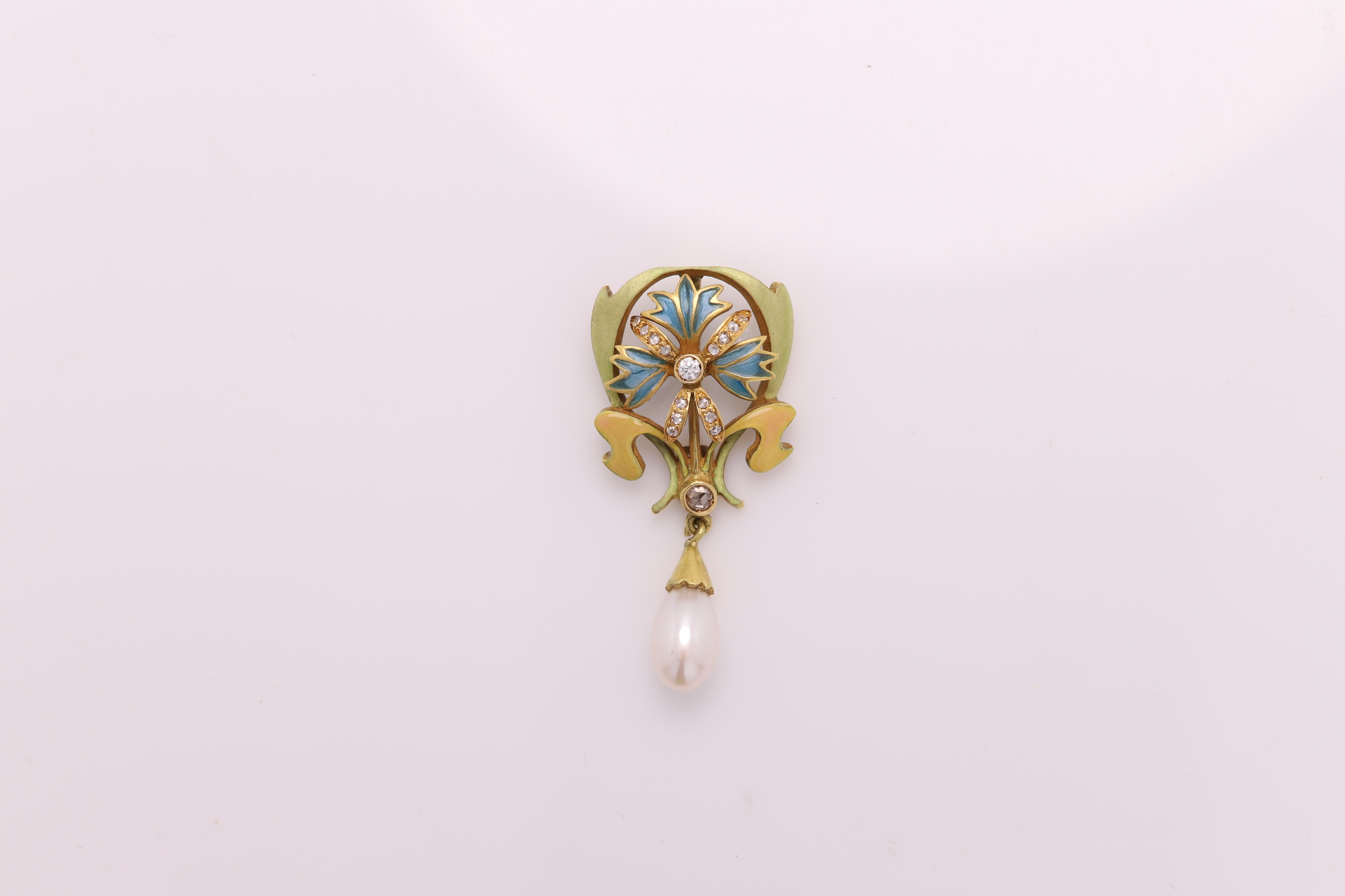 Vintage Hand made in Spain Enamel pendant
18K Yellow Gold 
approx size 1.5'  inch
has few small diamonds and a pearl dangling
Weight approx 6.3 grams
Style is based from the period of Nouveau 
approx made 20+ years ago
Overall great condition (a bit