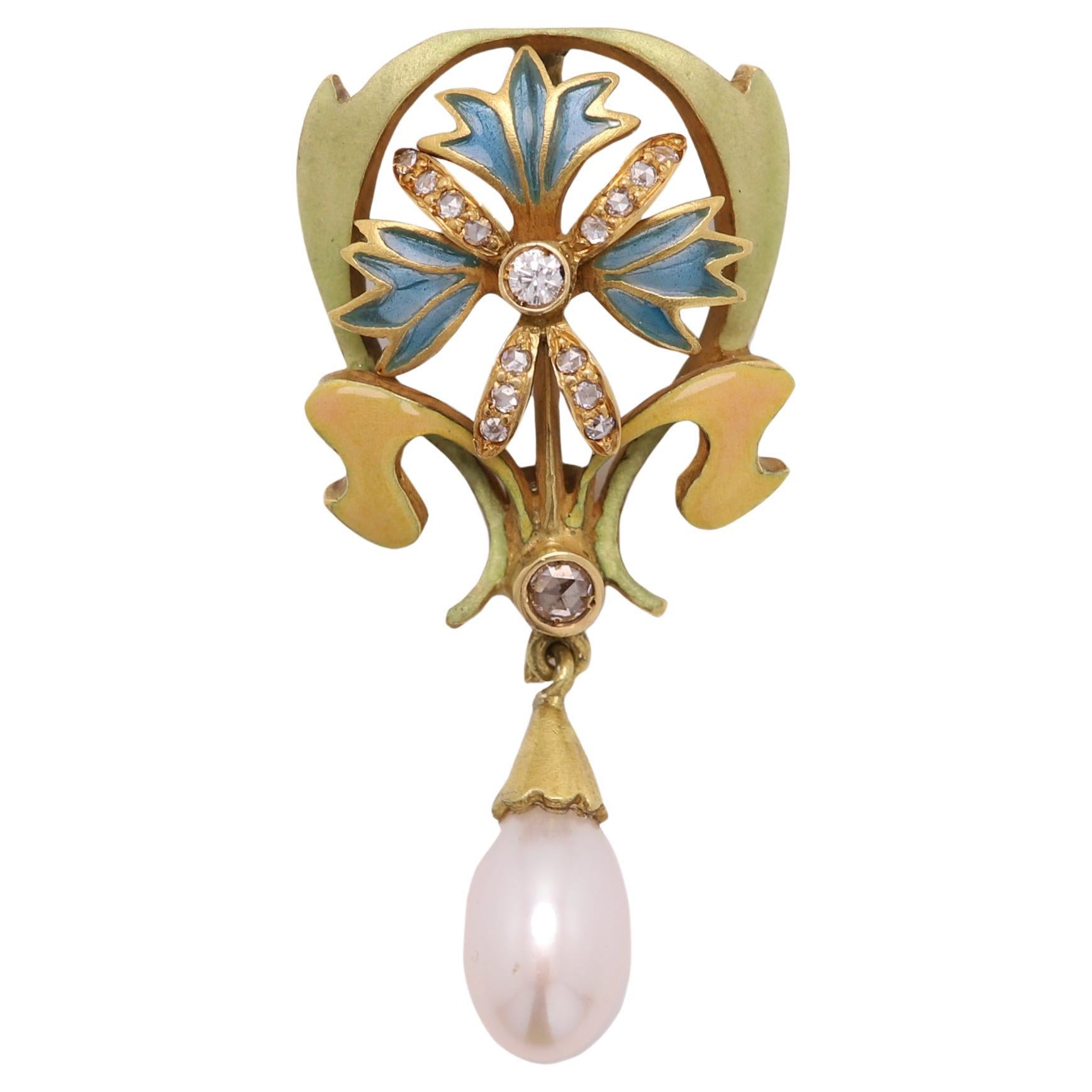 Nouveau Enamel Pendant 18 Karat Gold  Flower and Pearl Style 