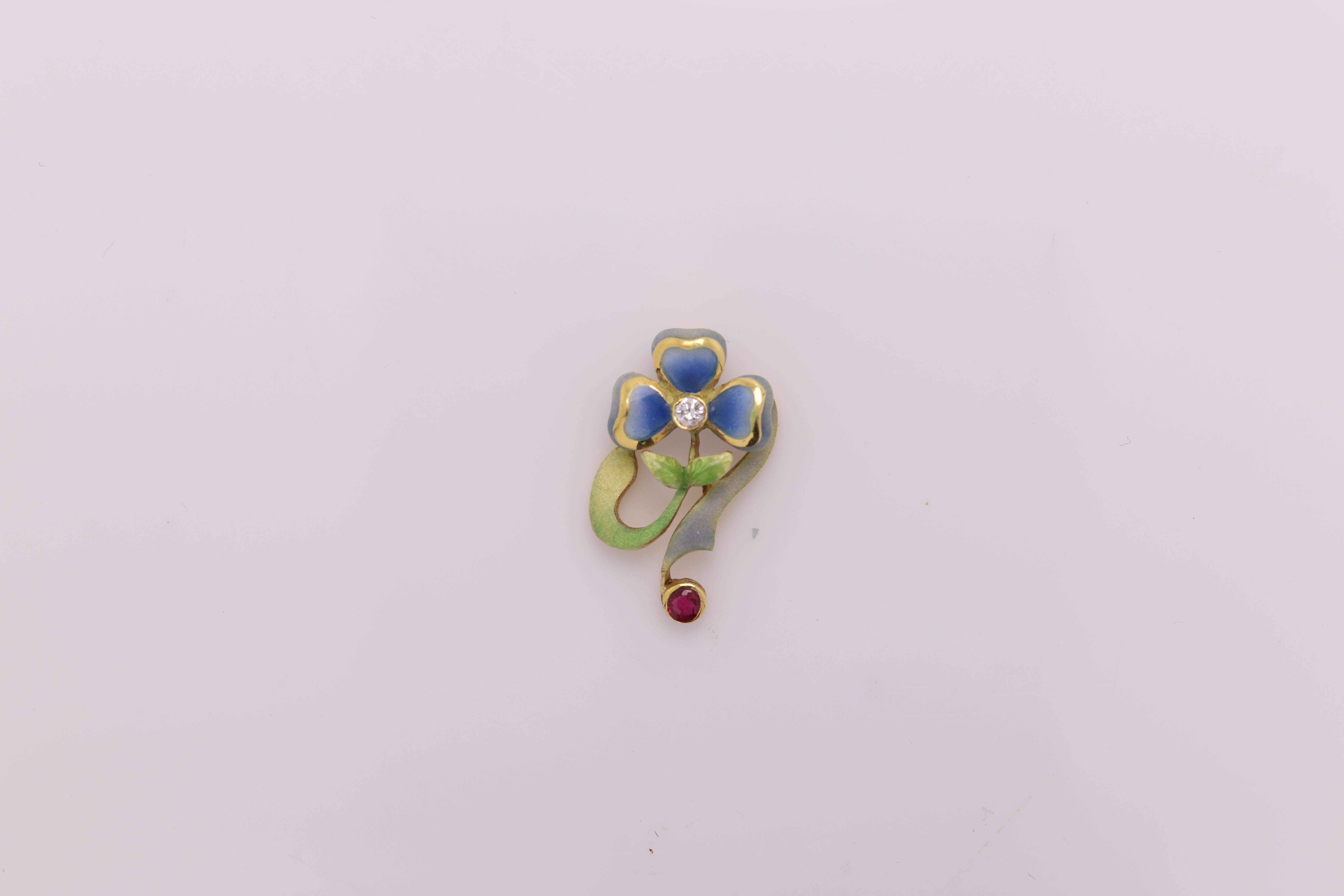 Vintage Hand made in Spain Enamel pendant
18K Yellow Gold 
approx size 1'  inch
has 1 Diamond and 1 Ruby (all natural)
Weight approx 3.5 grams
Style is based from the period of Nouveau 
approx made 20+ years ago
Overall great condition (a bit aged