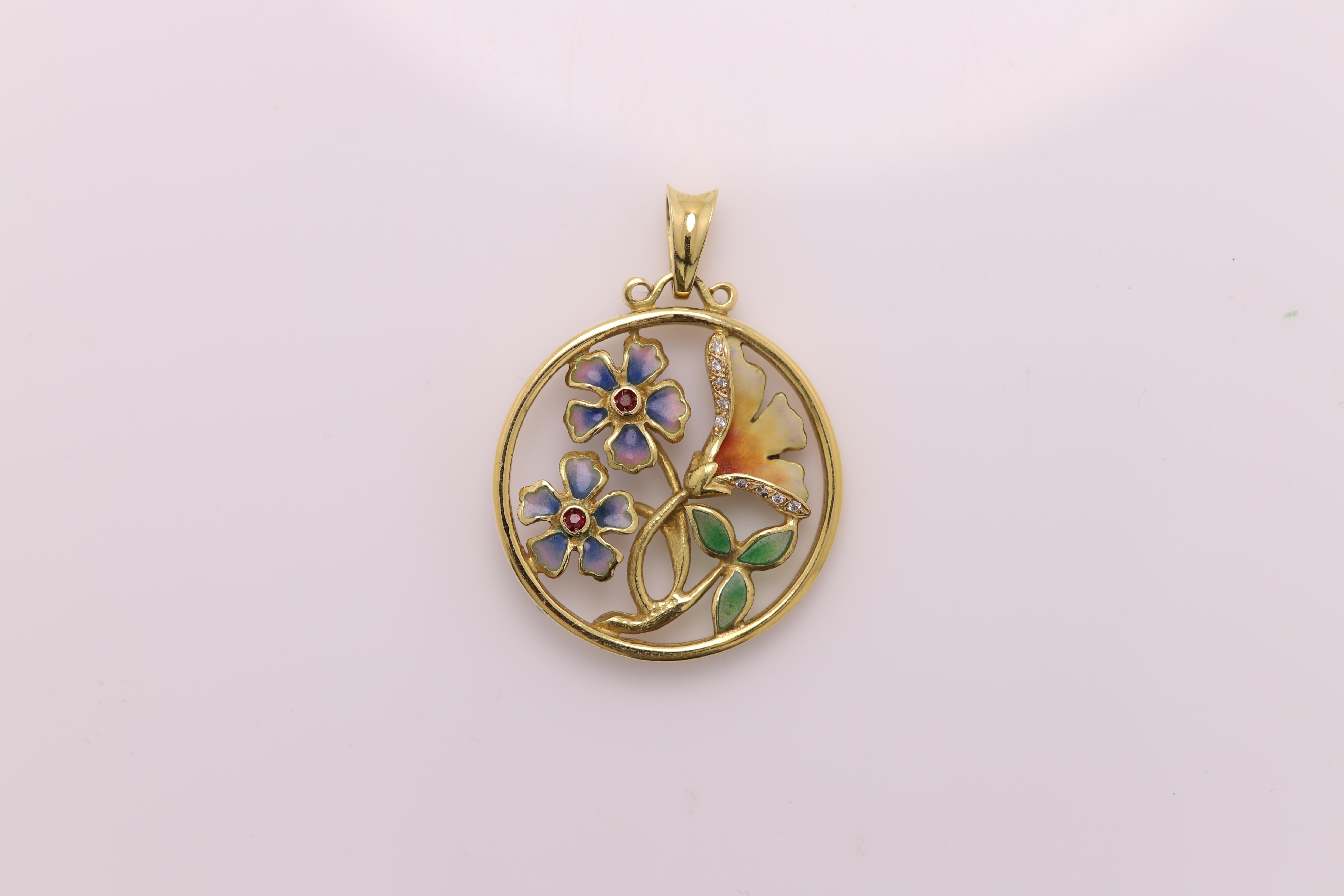 Vintage Enamel Pendant Hand made in Spain  
18K Yellow Gold 
approx size 1'  inch (25mm)
has few Diamond and two Ruby Gemstone (all natural)
Weight 10.6 grams
Style is based on the period of Nouveau era
made approx. 20+ years ago
Overall great