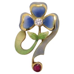 Nouveau Enamel Pendant 18 Karat Gold  Flower Style 