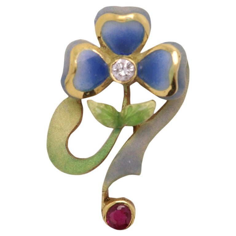 Nouveau Enamel Pendant 18 Karat Gold Flower Style For Sale at 1stDibs