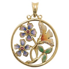 Nouveau 1910 Enamel Pendant 18 Karat Gold Flower Style