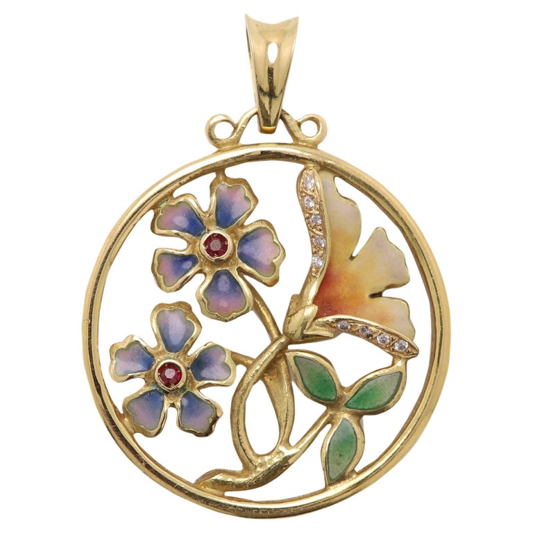 Nouveau 1910 Enamel Pendant 18 Karat Gold Flower Style For Sale at 1stDibs