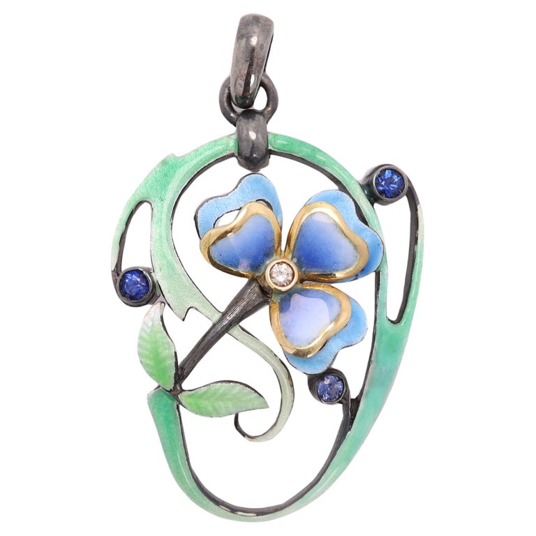 Nouveau Enamel Pendant Sterling Silver and 18 Karat Gold For Sale at ...