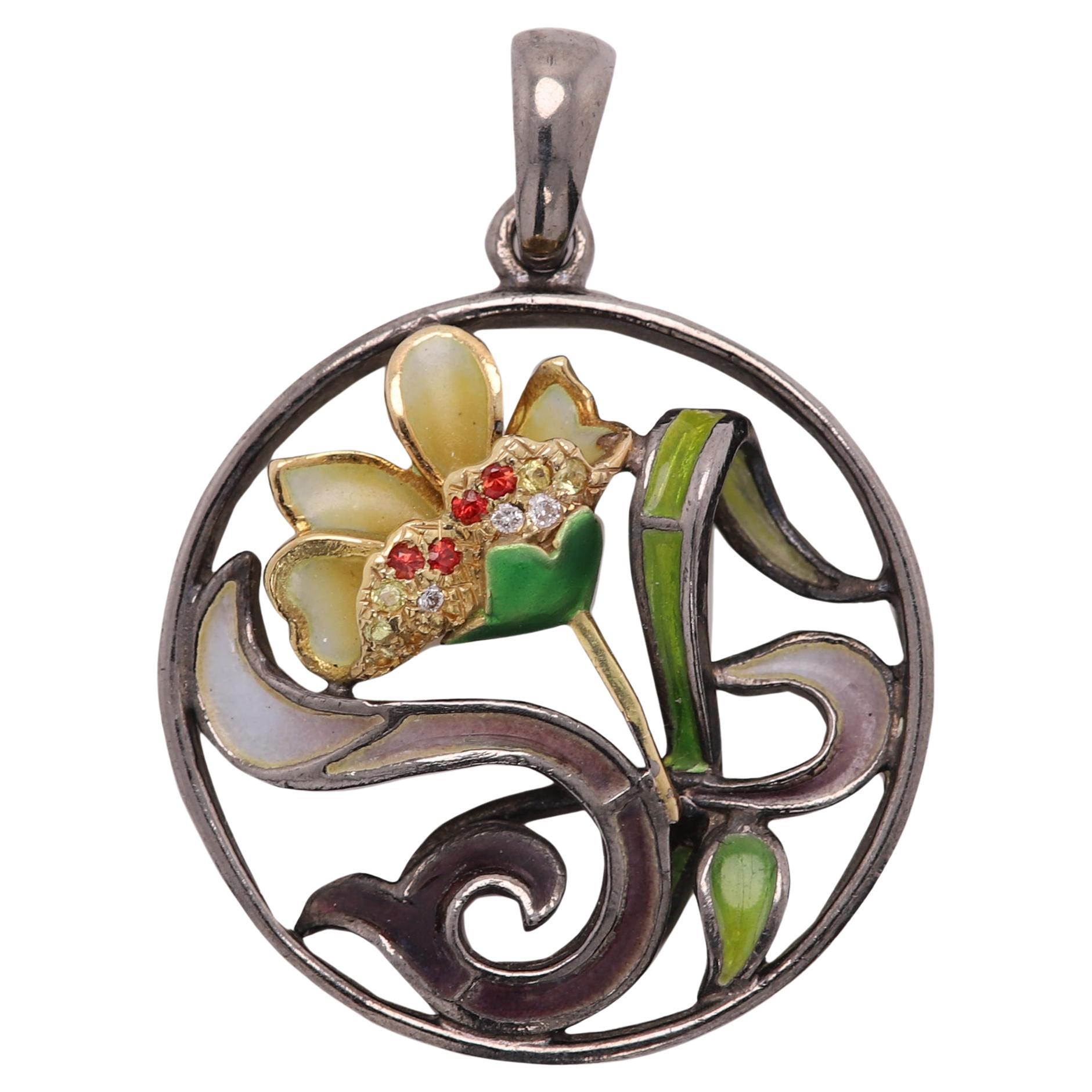 Nouveau Enamel Pendant Sterling Silver and 18 Karat Gold