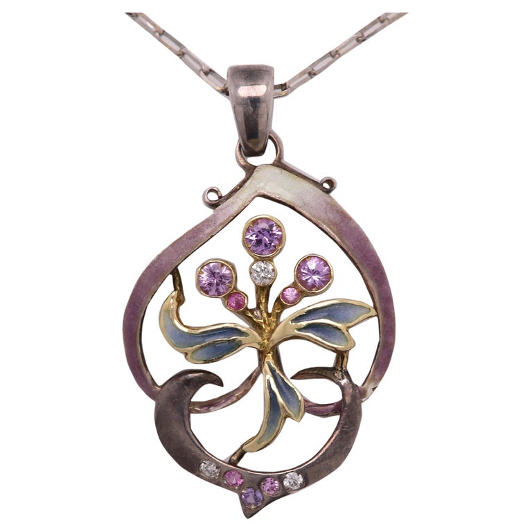 Nouveau Enamel Pendant Sterling Silver and 18 Karat Gold For Sale at ...