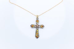 Nouveau Fire Enamel Cross 18 Karat Yellow Gold Silver Diamonds & Sapphire