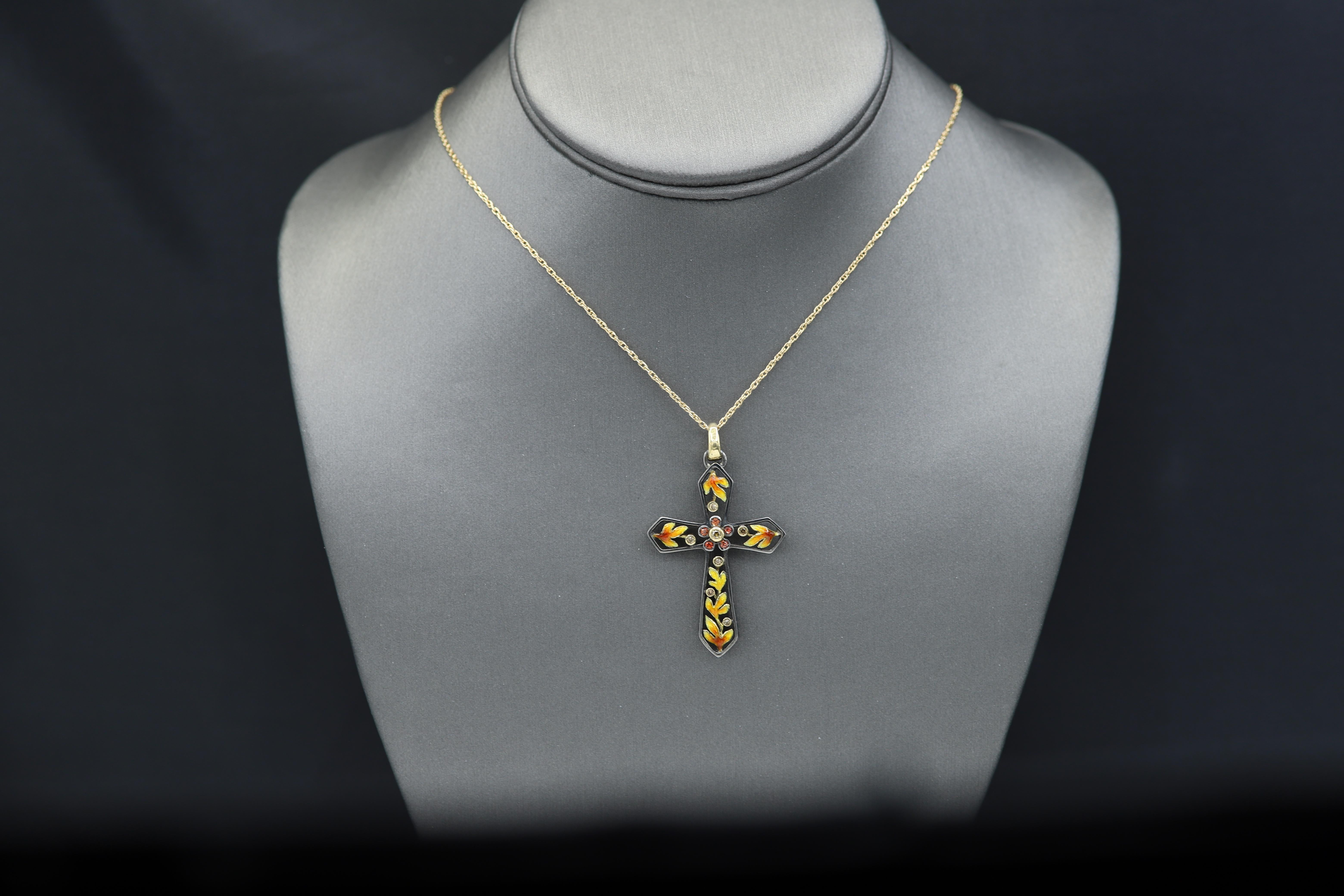 Nouveau Fire Enamel Cross 18 Karat Yellow Gold Silver Diamonds & Sapphire 2