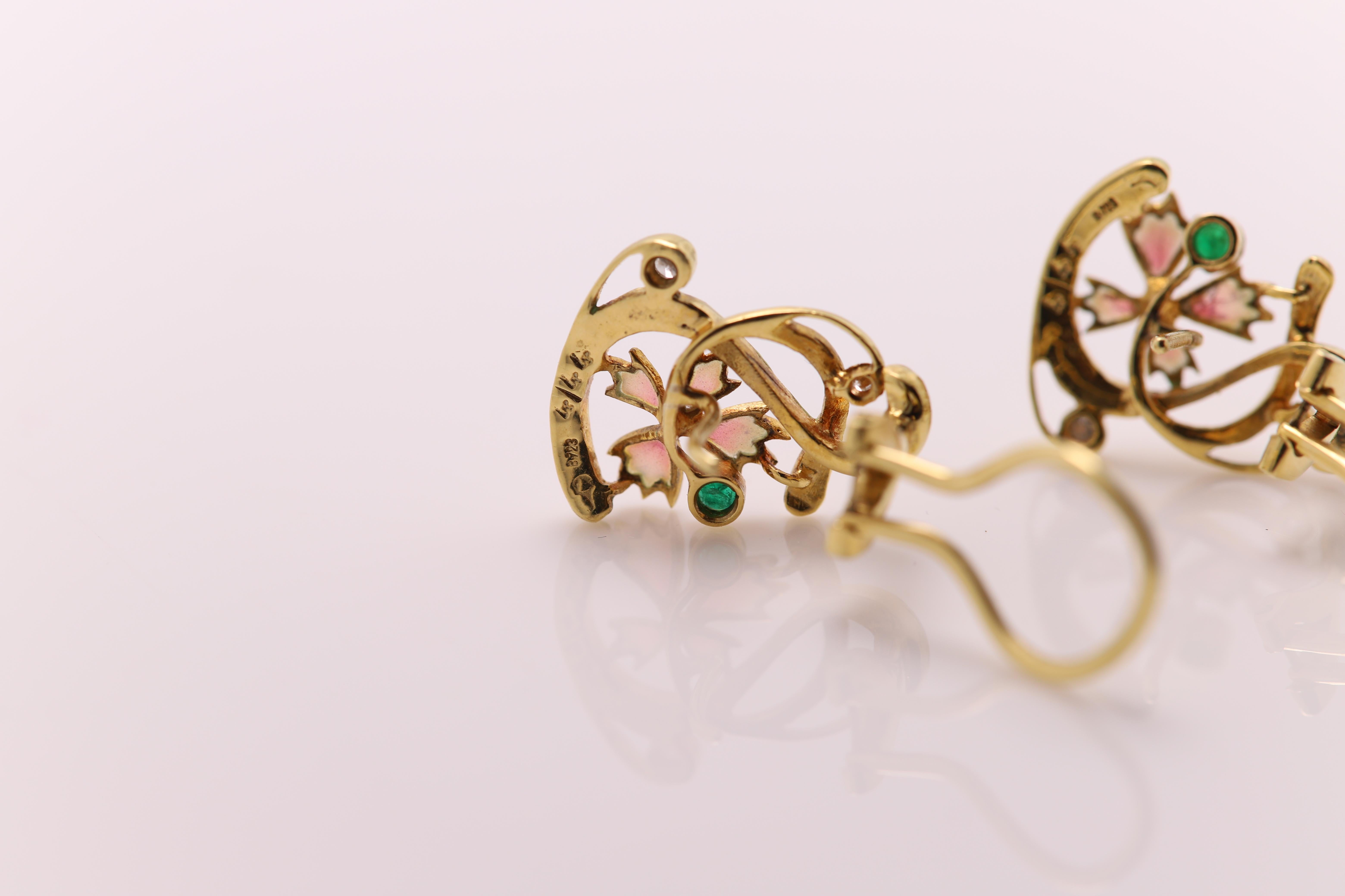 Round Cut Art Nouveau Style Enamel Earrings 18 Karat yellow Gold and Diamonds For Sale