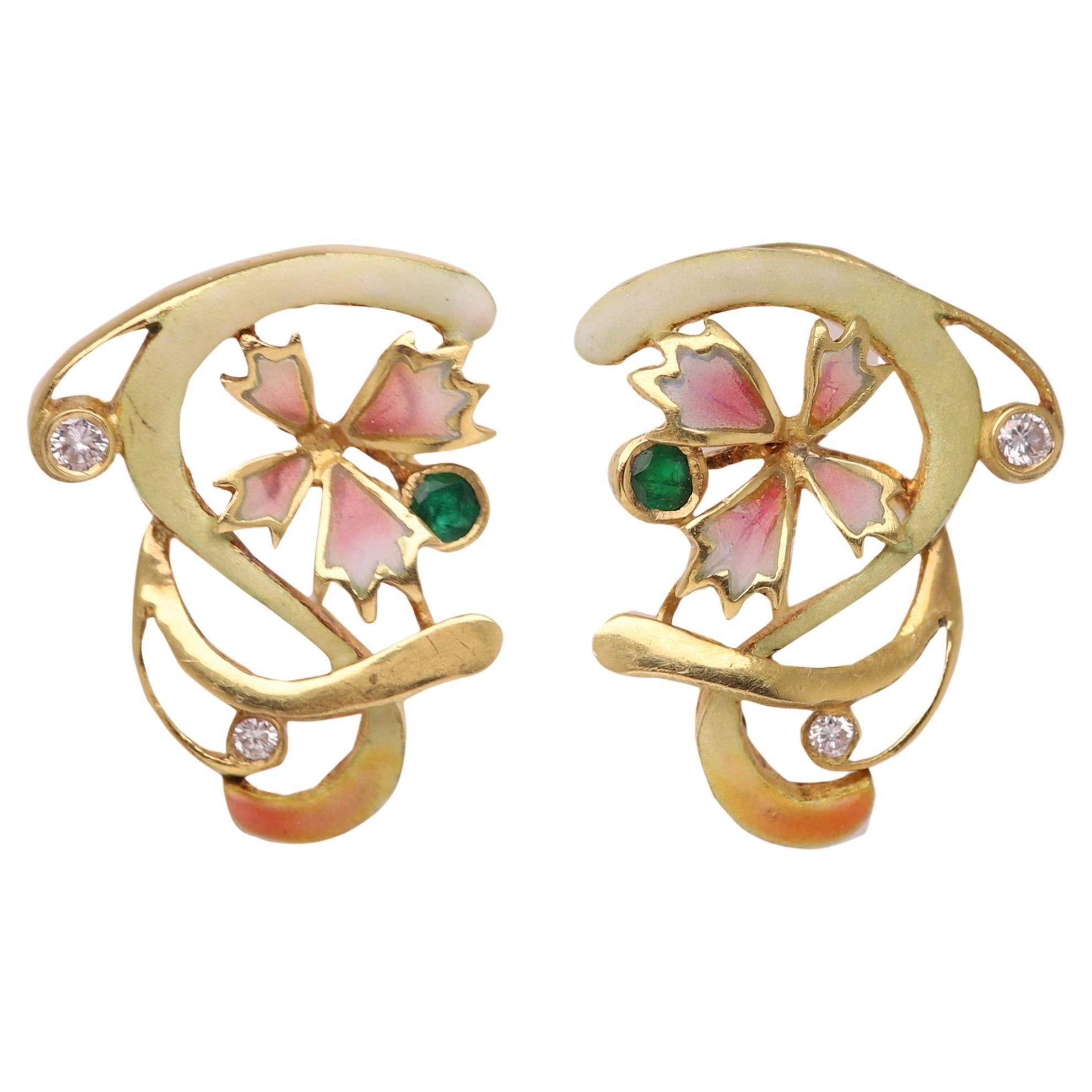 Art Nouveau Style Enamel Earrings 18 Karat yellow Gold and Diamonds For Sale
