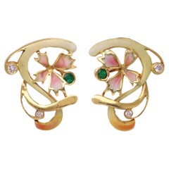 Art Nouveau Style Enamel Earrings 18 Karat yellow Gold and Diamonds