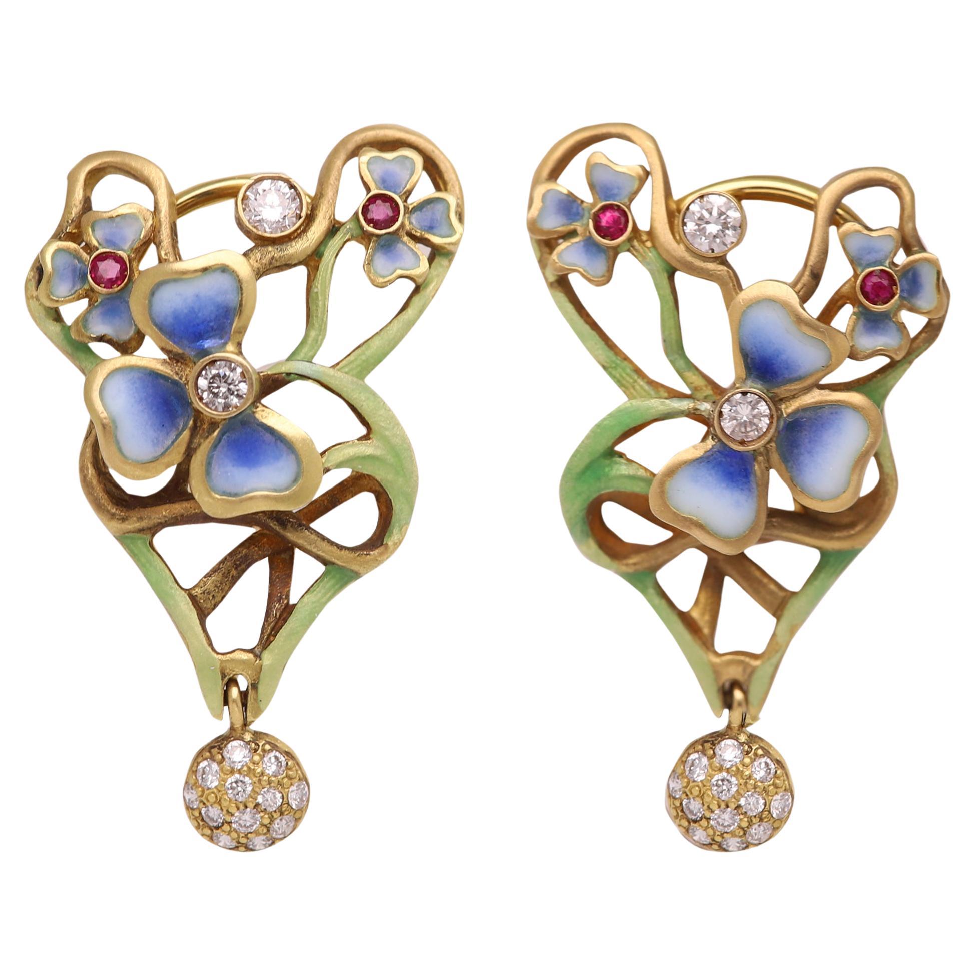Nouveau Style Enamel Earrings 18 Karat yellow Gold Diamonds and Ruby For Sale