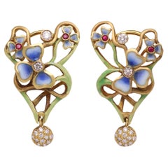Nouveau Style Enamel Earrings 18 Karat yellow Gold Diamonds and Ruby