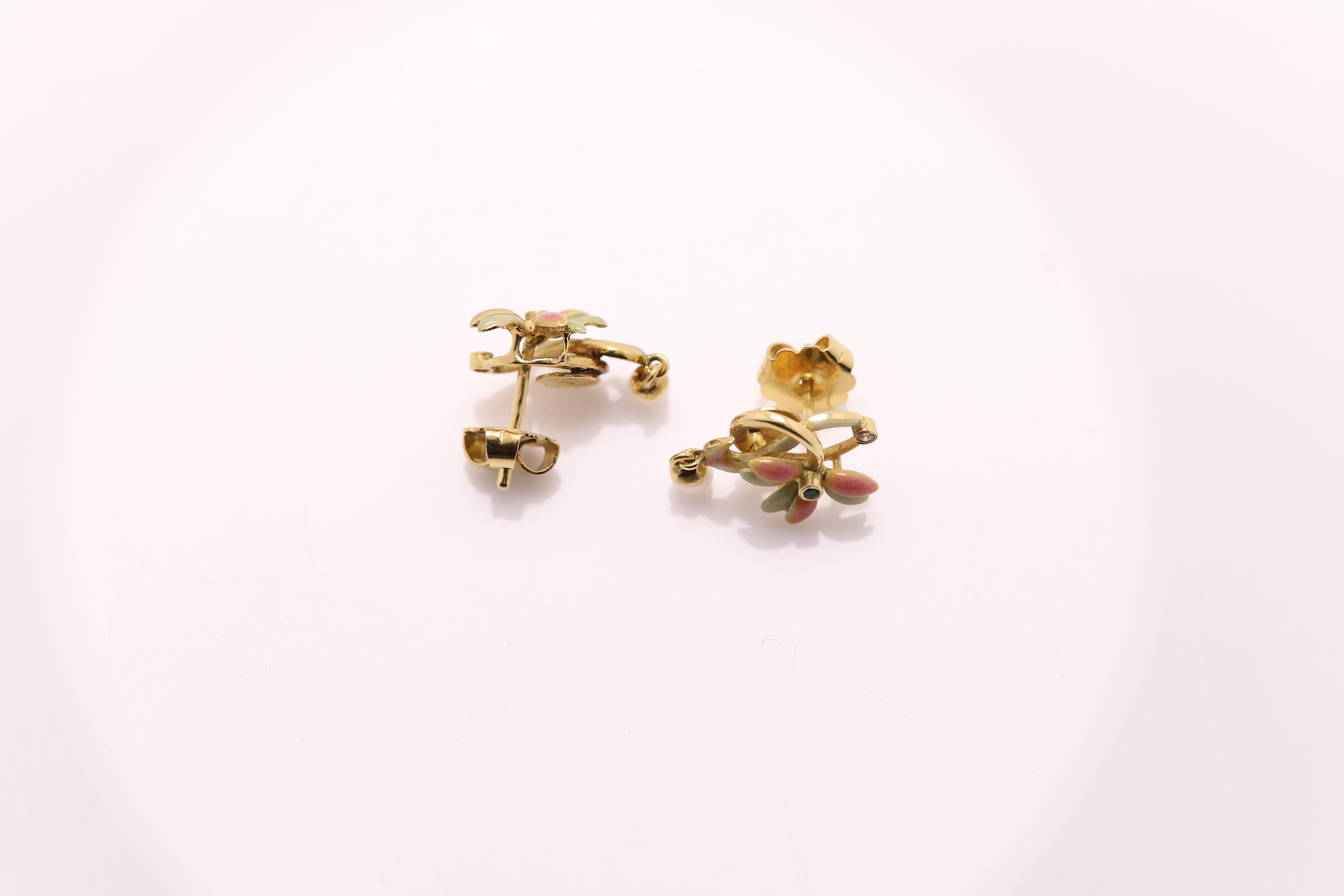 Nouveau Style Enamel Earrings 18 Karat yellow Gold In Excellent Condition In Brooklyn, NY