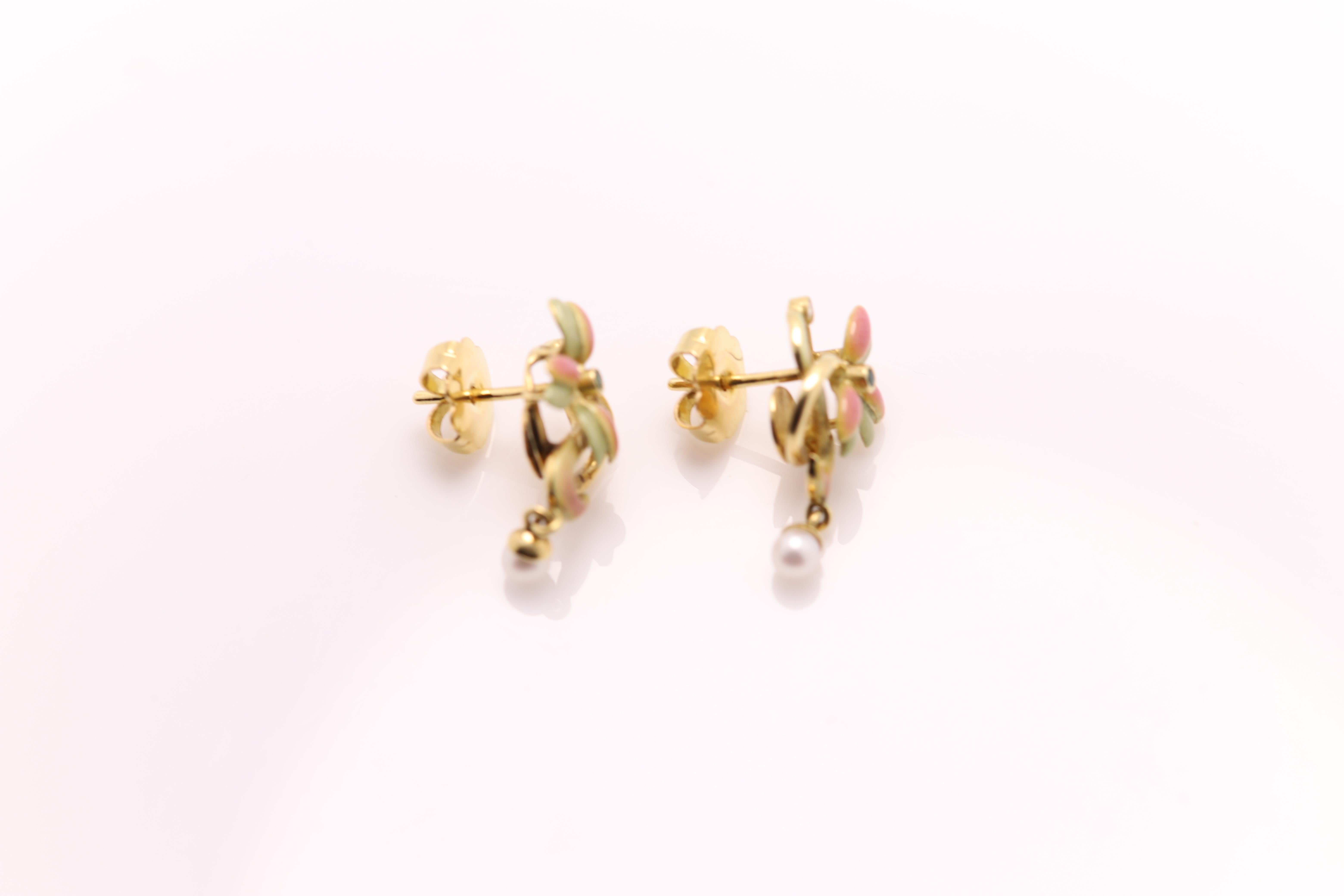 Jugendstil-Emaille-Ohrringe aus 18 Karat Gelbgold  im Angebot 1