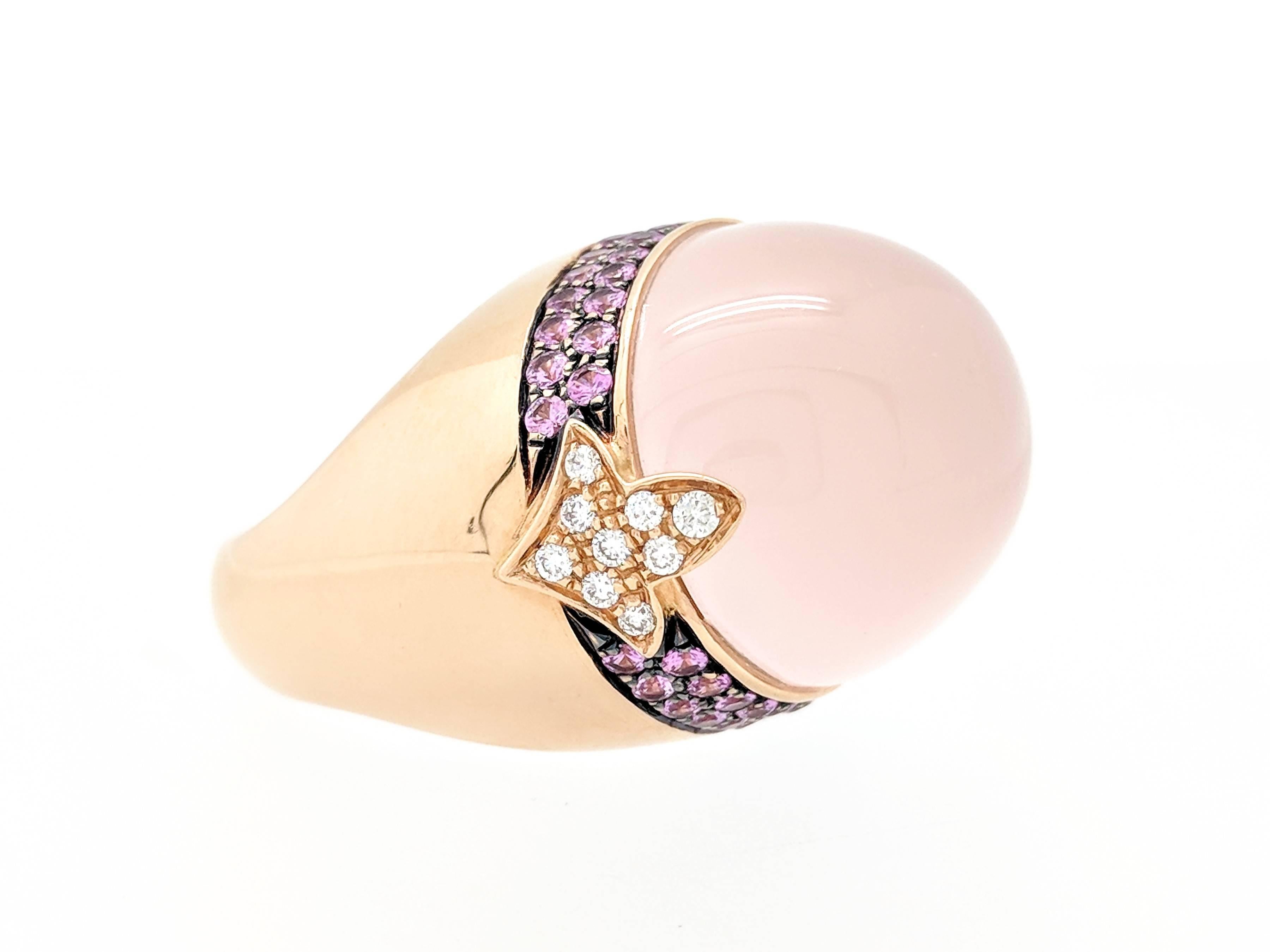 Nouvelle Bague 18 Karat Gold Cabochon Coral Pink Sapphires and Diamond Dome Ring 5