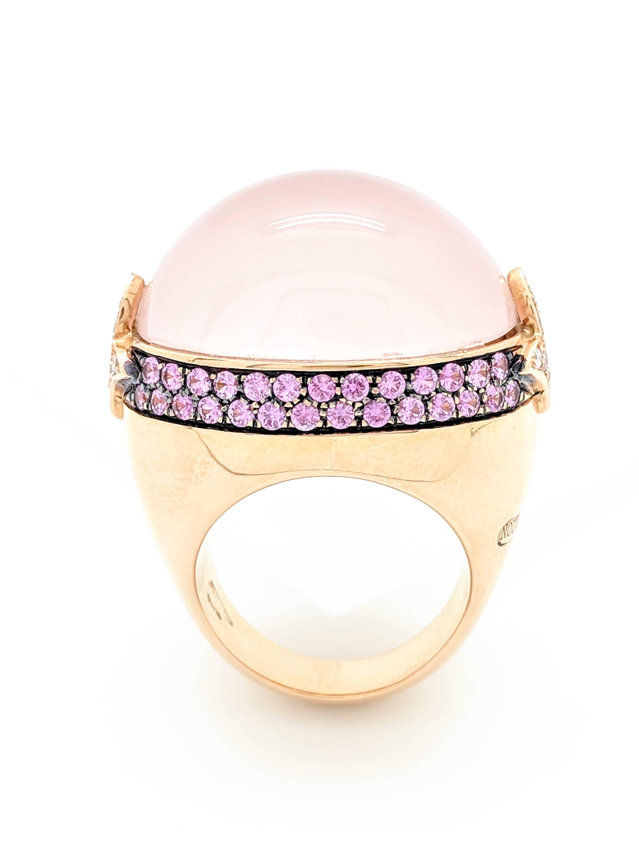 Contemporary Nouvelle Bague 18 Karat Gold Cabochon Coral Pink Sapphires and Diamond Dome Ring