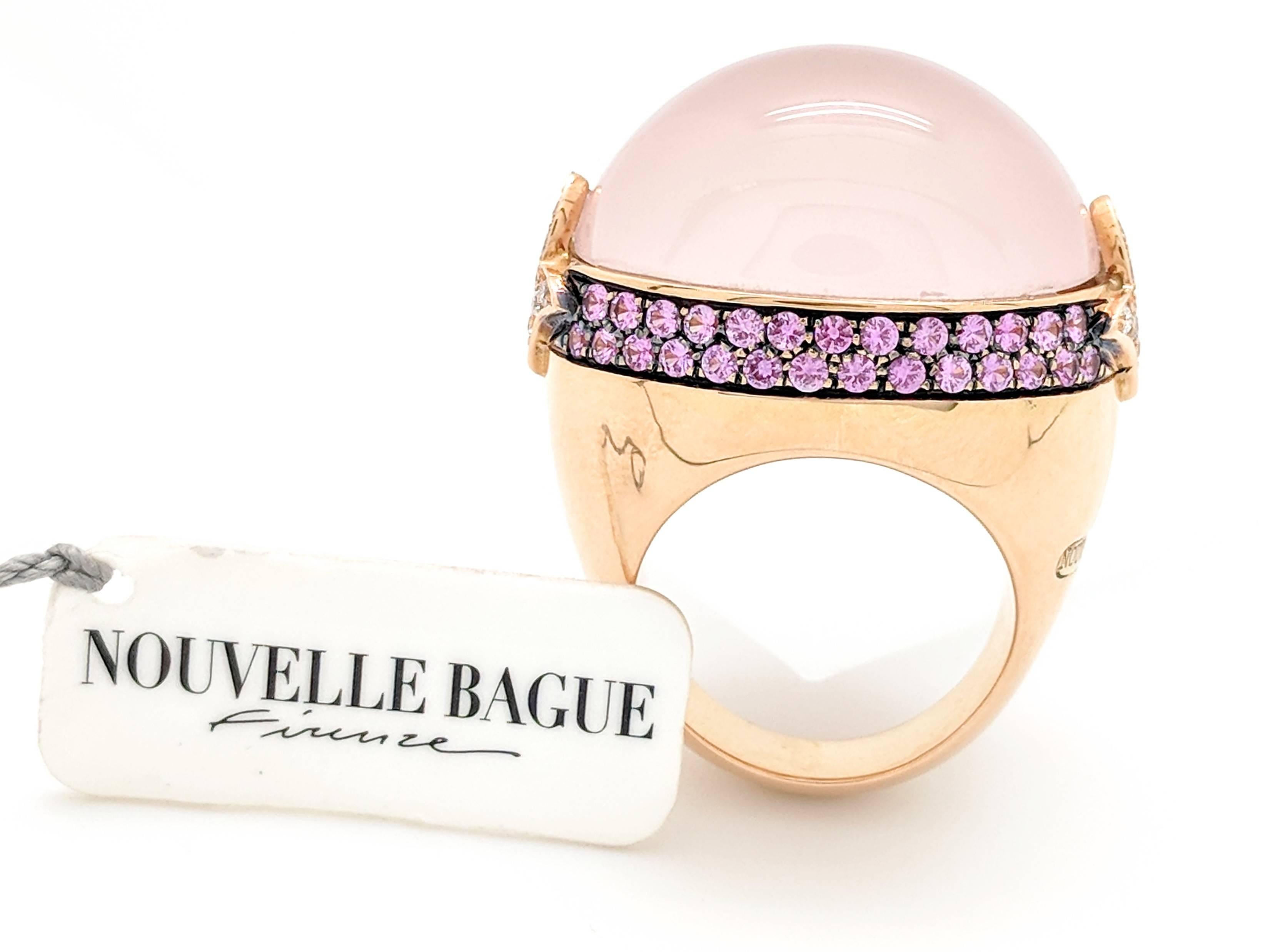 Nouvelle Bague 18 Karat Gold Cabochon Coral Pink Sapphires and Diamond Dome Ring In Excellent Condition In Gainesville, FL