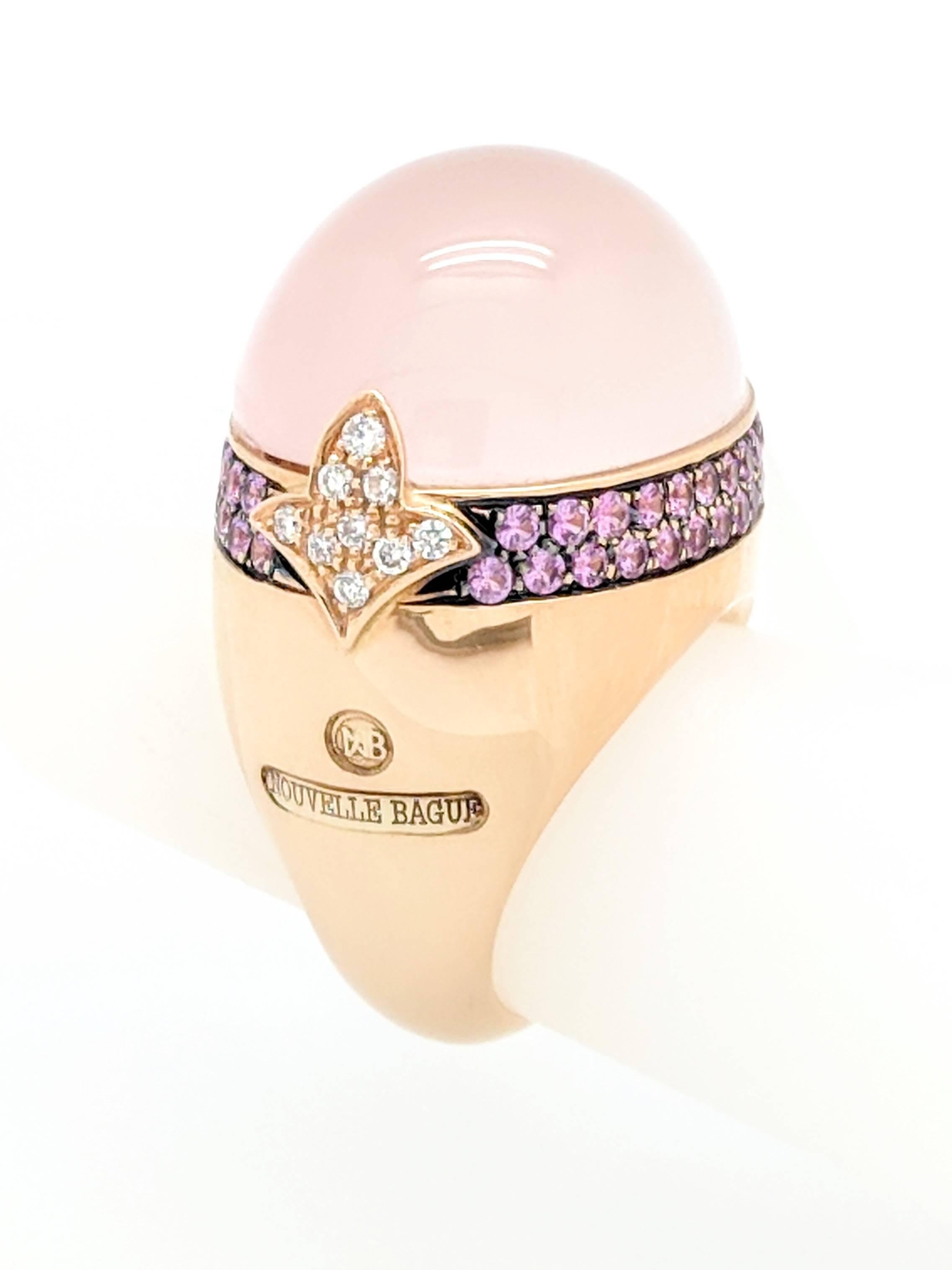 Women's Nouvelle Bague 18 Karat Gold Cabochon Coral Pink Sapphires and Diamond Dome Ring