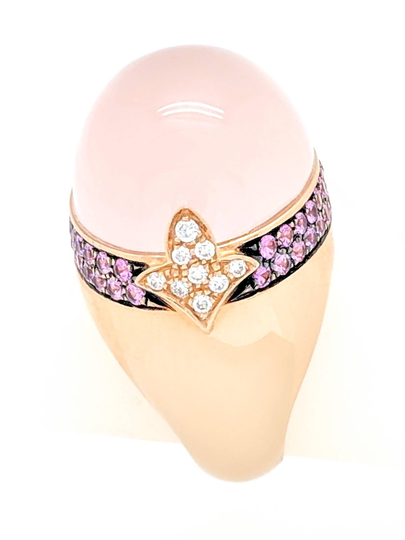 Nouvelle Bague 18 Karat Gold Cabochon Coral Pink Sapphires and Diamond Dome Ring 2