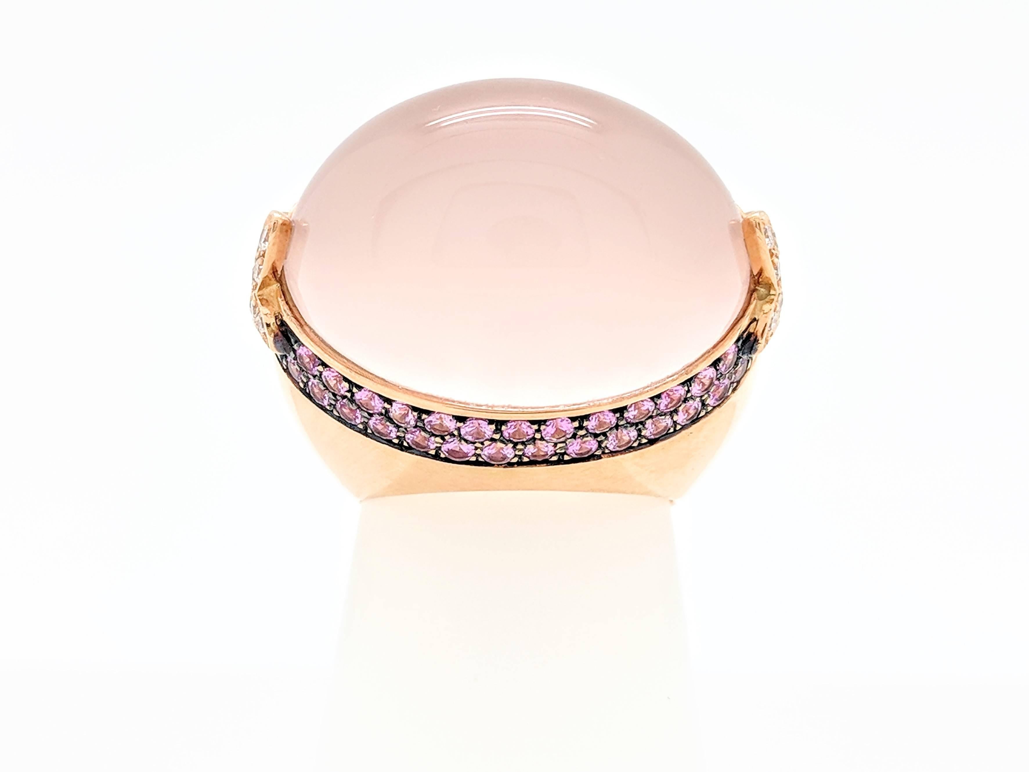 Nouvelle Bague 18 Karat Gold Cabochon Coral Pink Sapphires and Diamond Dome Ring 3