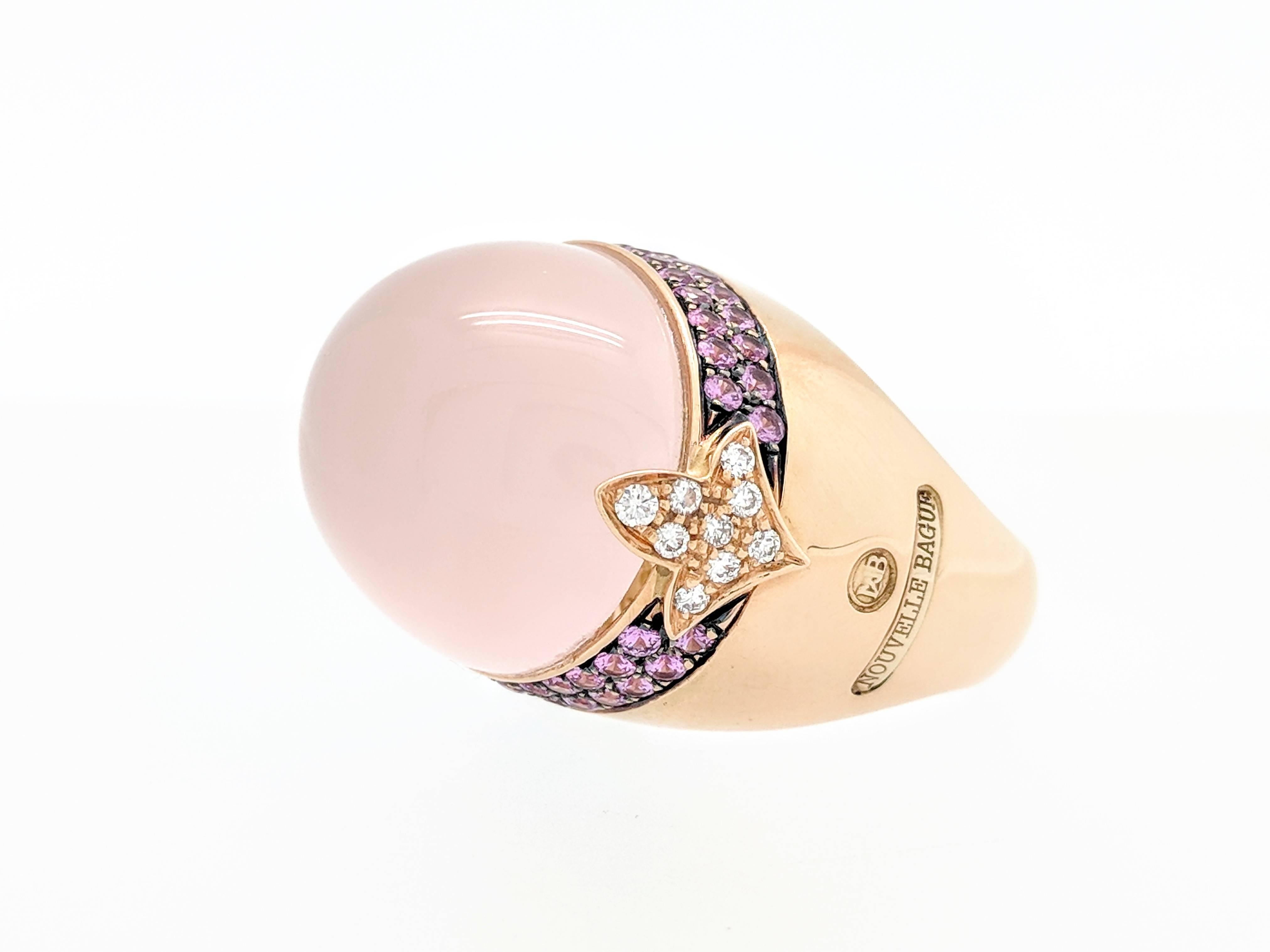 Nouvelle Bague 18 Karat Gold Cabochon Coral Pink Sapphires and Diamond Dome Ring 4