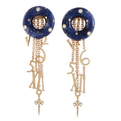 Nouvelle Bague 18 Karat Gold Diamond and Blue Enamel Dangling Charms Push Back