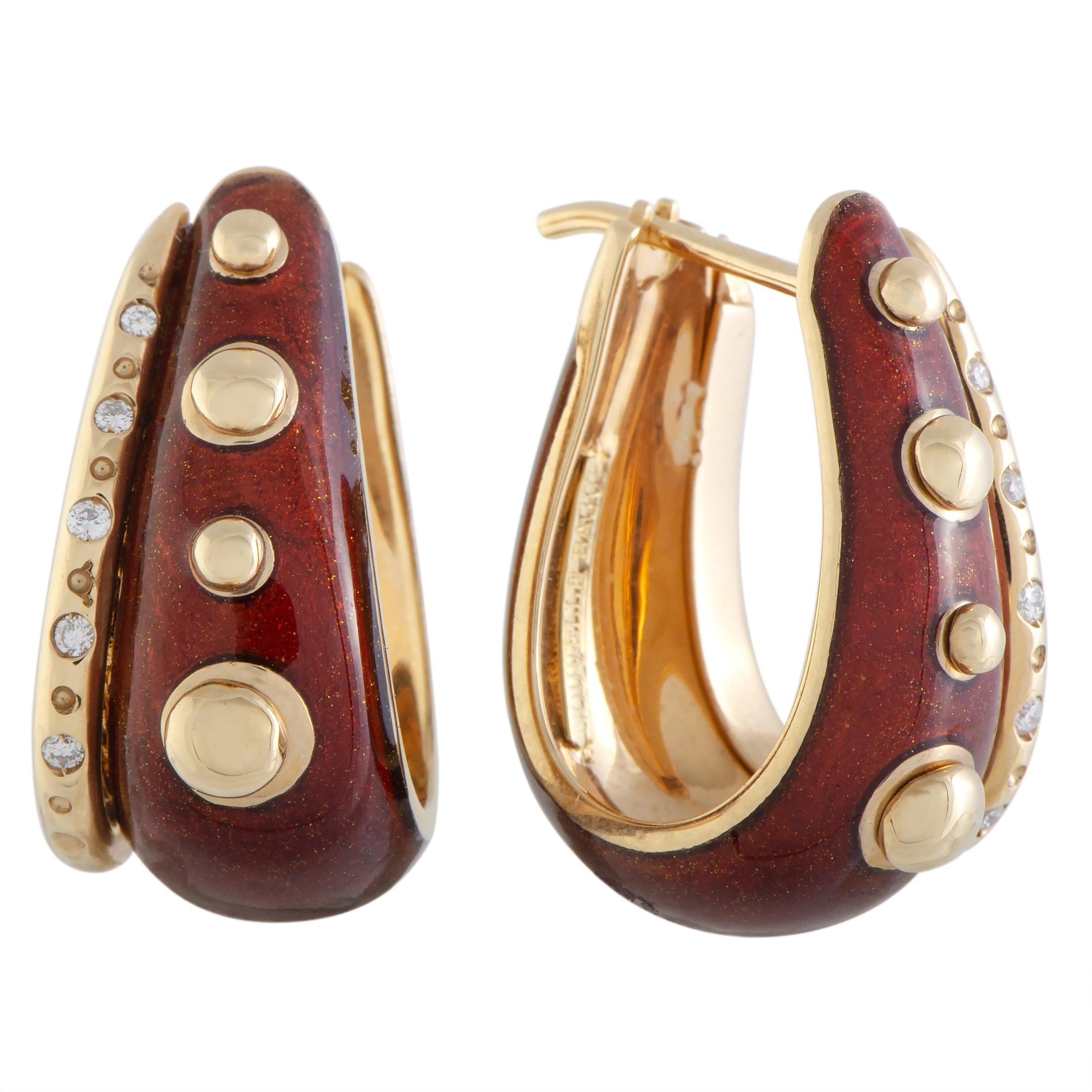 Nouvelle Bague 18 Karat Gold Diamond and Burgundy Enamel Oval Hoop Earrings In Excellent Condition In Southampton, PA