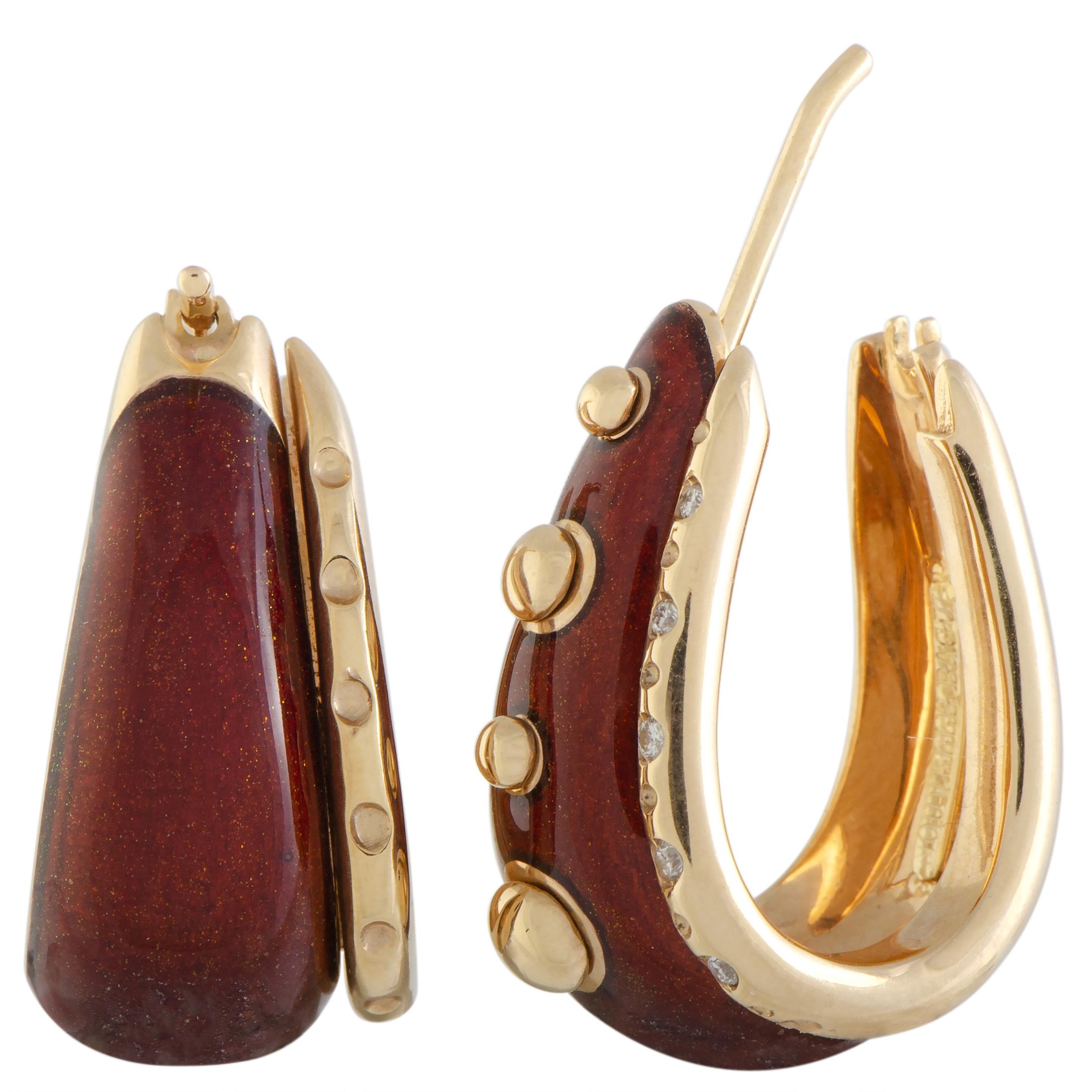 Nouvelle Bague 18 Karat Gold Diamond and Burgundy Enamel Oval Hoop Earrings 1