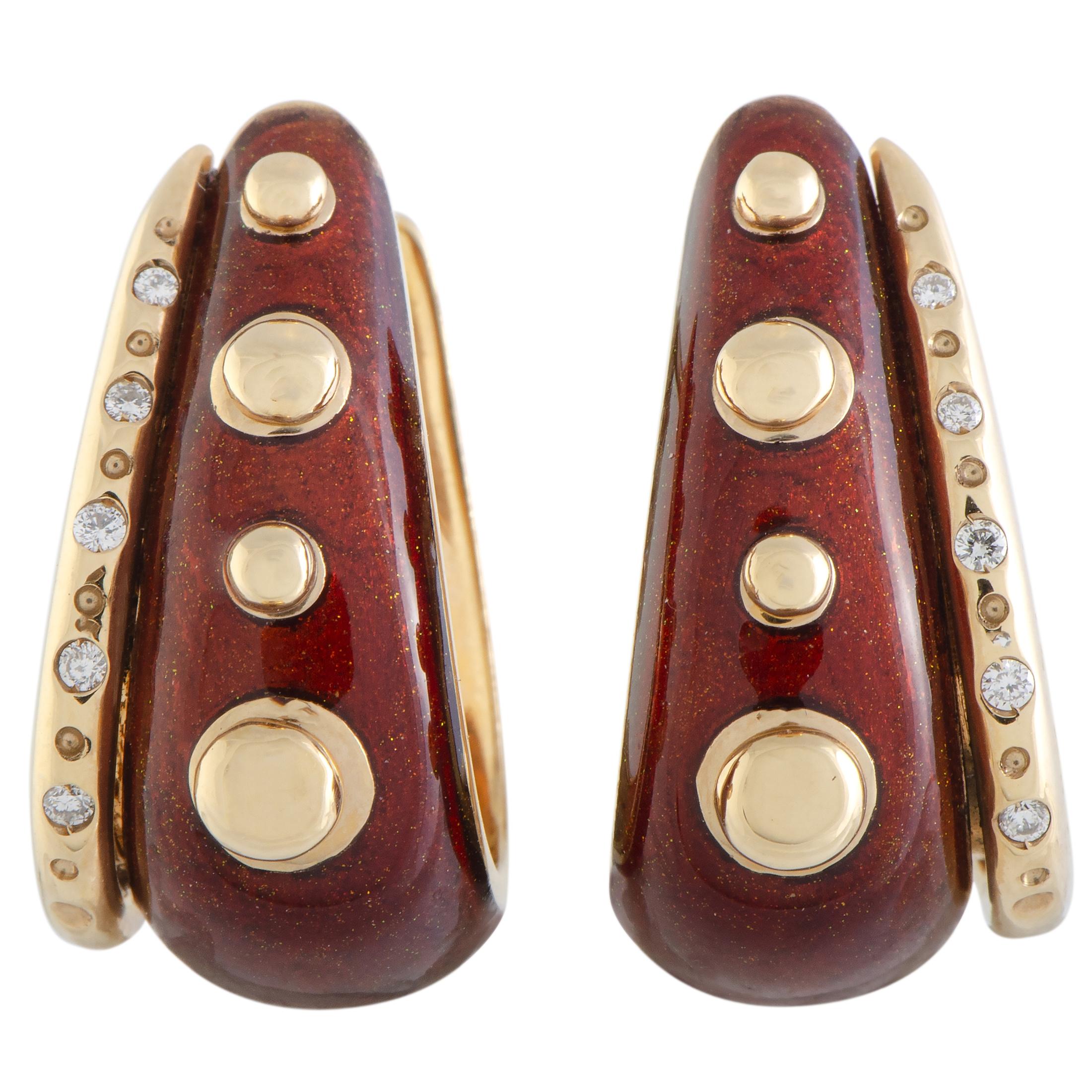 Nouvelle Bague 18 Karat Gold Diamond and Burgundy Enamel Oval Hoop Earrings