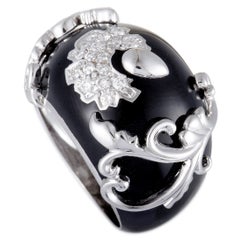 Nouvelle Bague Diamond Pave and Black Enamel White Gold Flower Bombe Ring