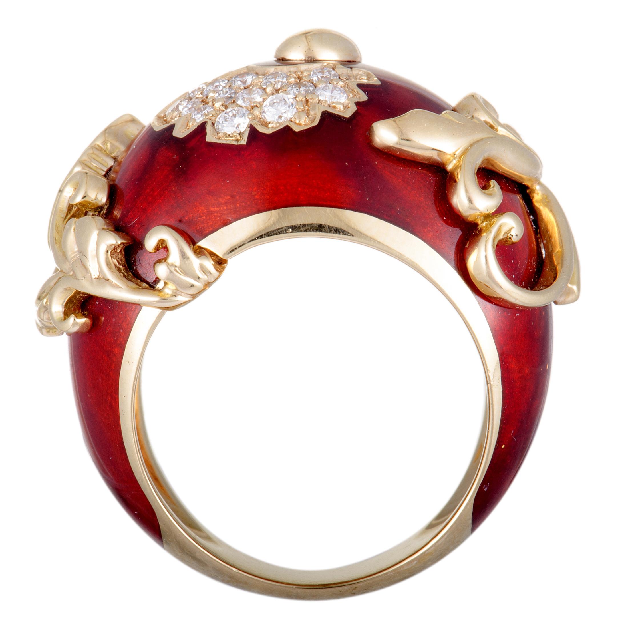 Women's Nouvelle Bague 18 Karat Gold Diamond Pave and Sienna Enamel Flower Bombe Ring