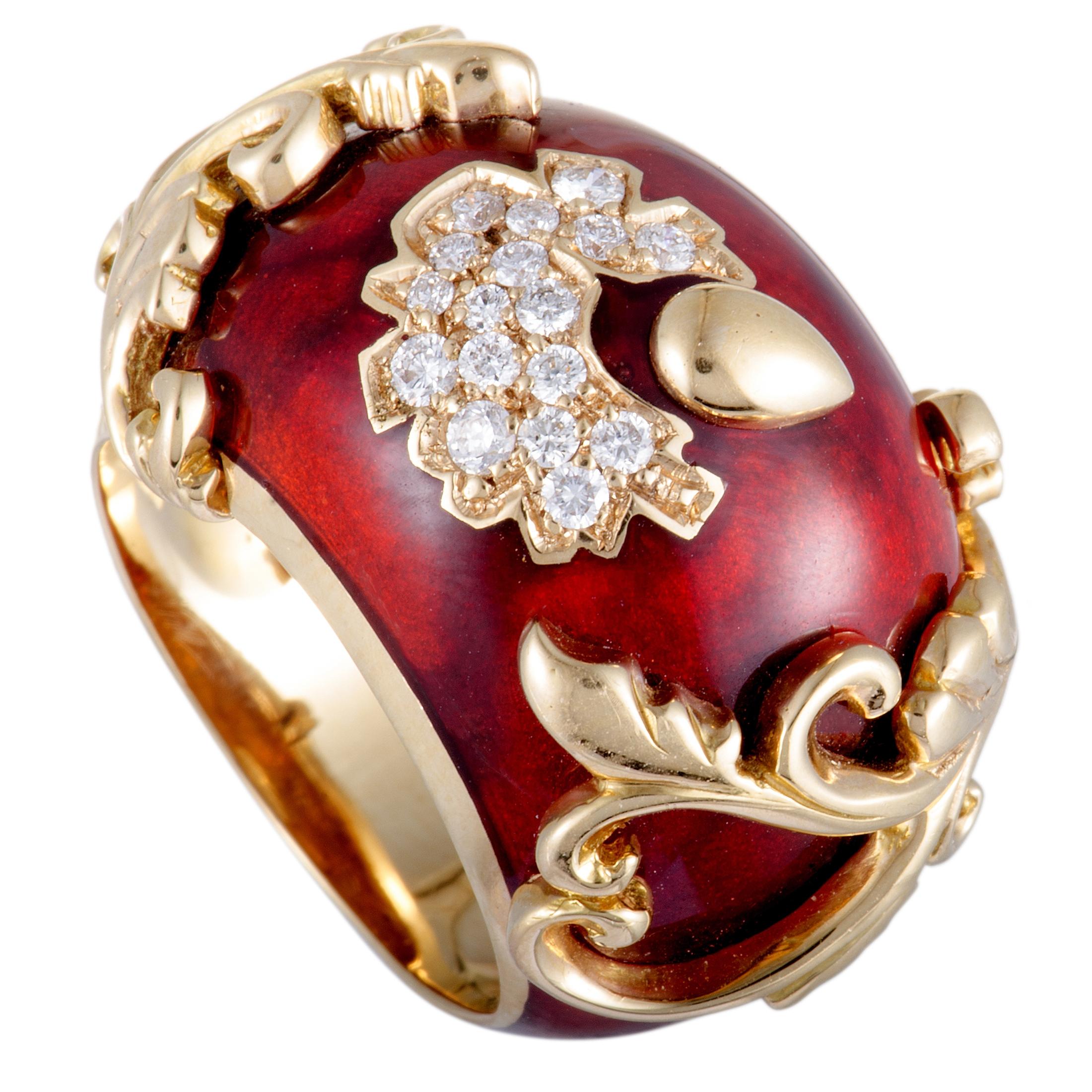 Nouvelle Bague 18 Karat Gold Diamond Pave and Sienna Enamel Flower Bombe Ring
