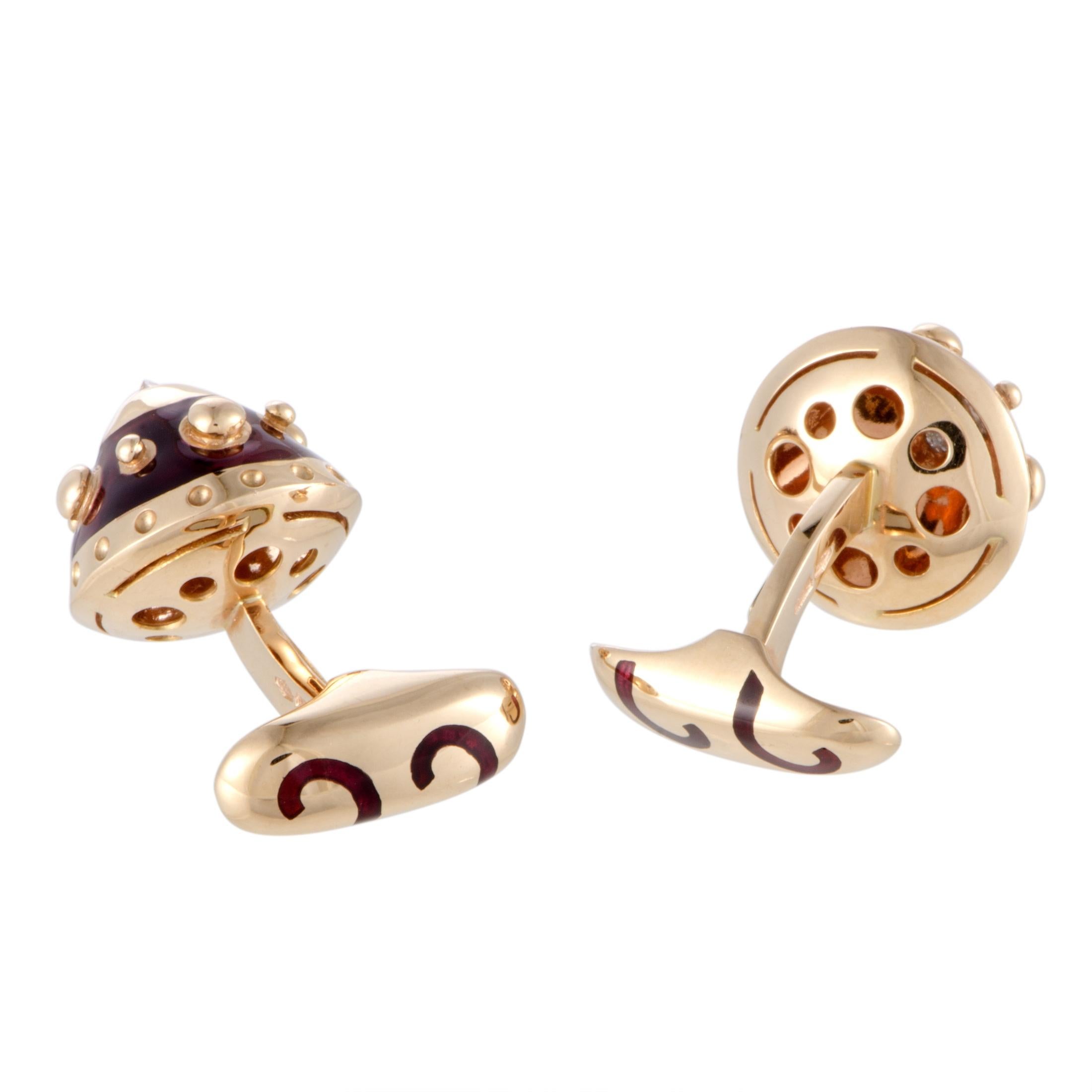 Nouvelle Bague 18 Karat Rose Gold Diamond and Burgundy Enamel Round Cufflinks In Excellent Condition In Southampton, PA