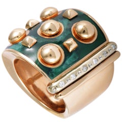 Nouvelle Bague 18 Karat Rose/White Gold Diamonds and Green Enamel Wide Band Ring