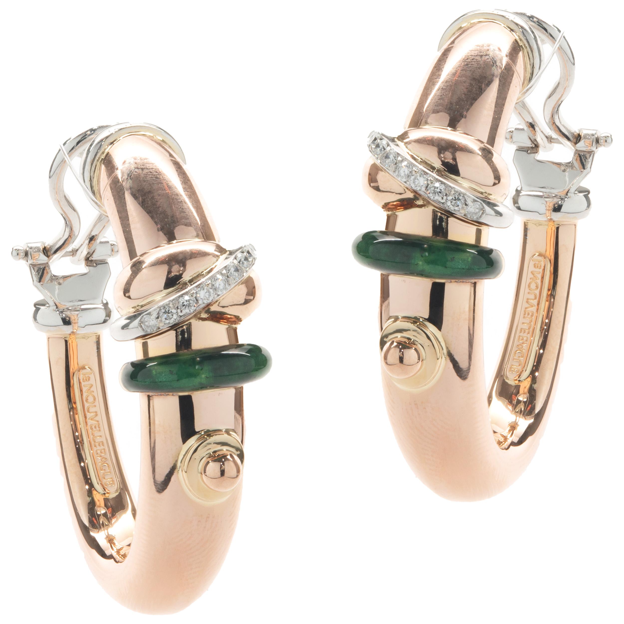 Round Cut La Nouvelle Bague 18 Karat Rose Gold Green Enamel and Diamond Hoop Earrings For Sale