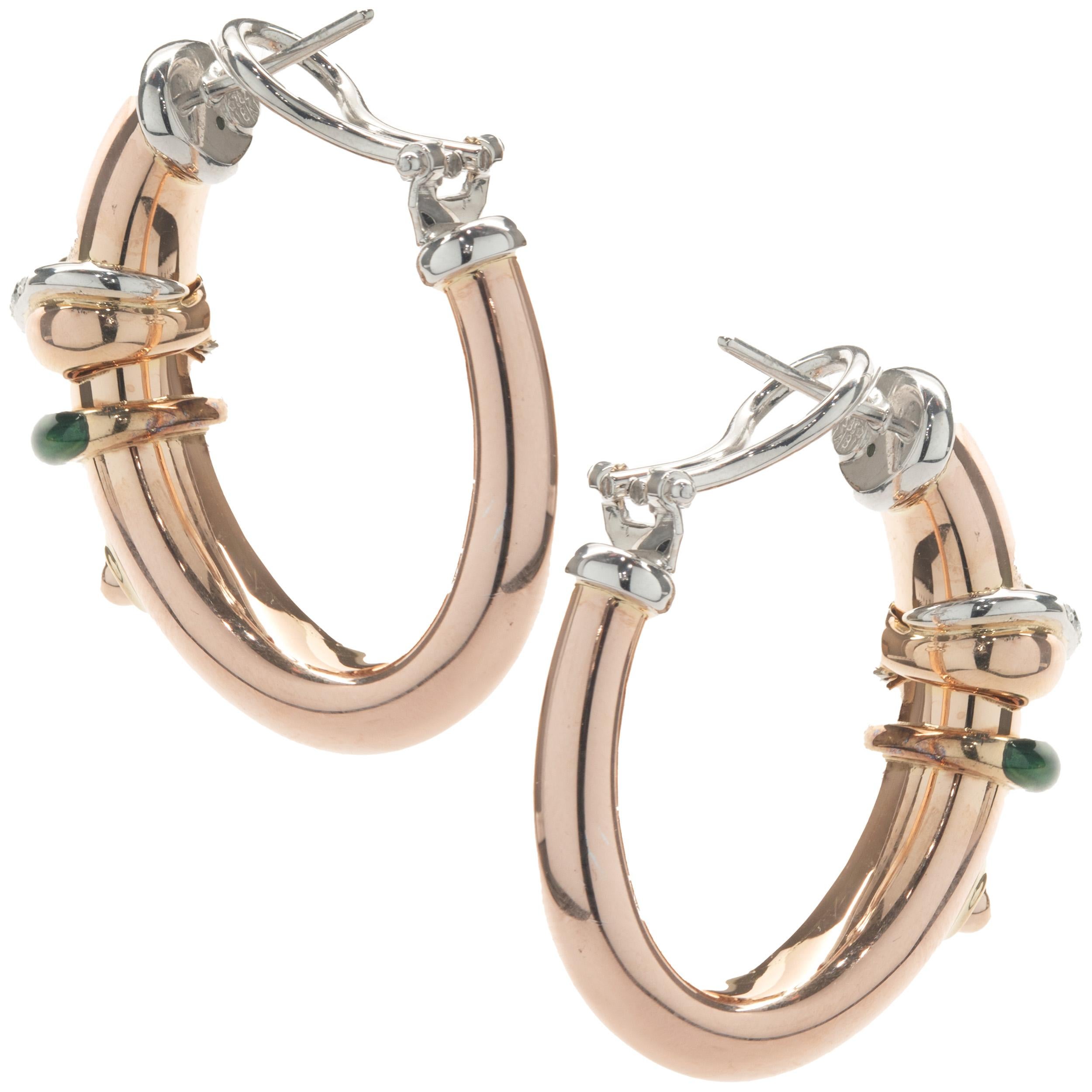 La Nouvelle Bague 18 Karat Rose Gold Green Enamel and Diamond Hoop Earrings In Excellent Condition For Sale In Scottsdale, AZ