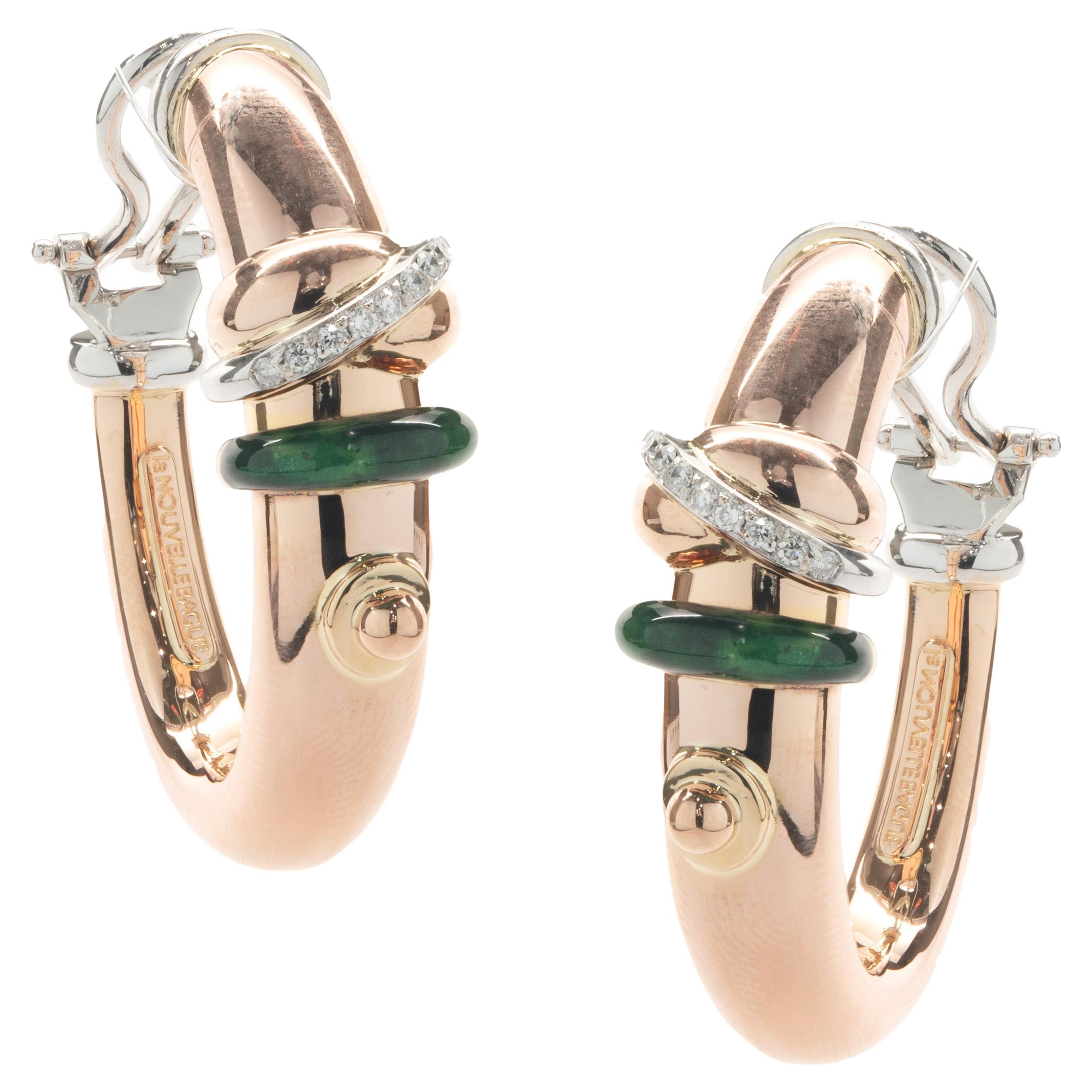 La Nouvelle Bague 18 Karat Rose Gold Green Enamel and Diamond Hoop Earrings For Sale