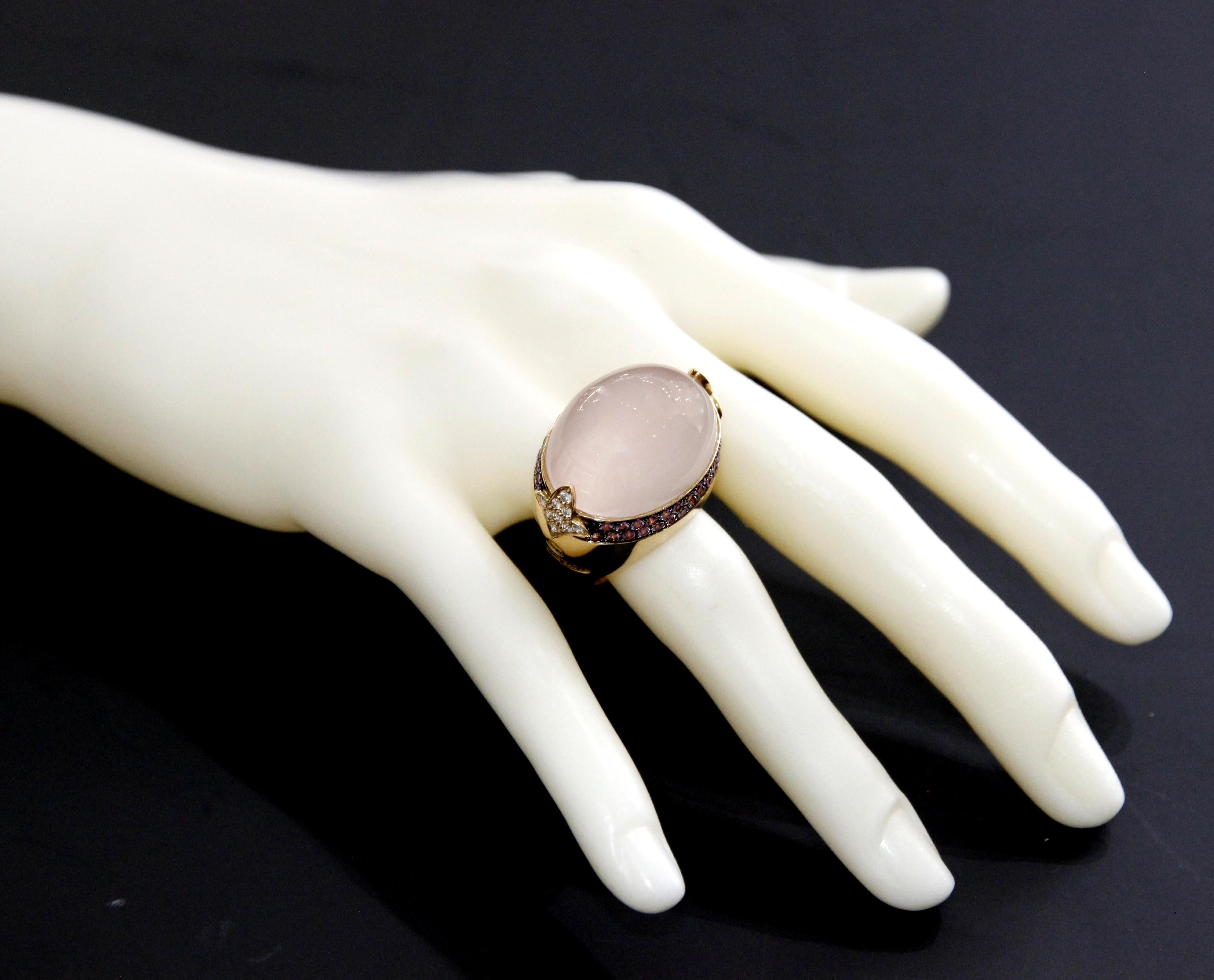 Mixed Cut Nouvelle Bague 18K Rose Gold Diamond, Pink Opal and Pink Sapphires Ring For Sale
