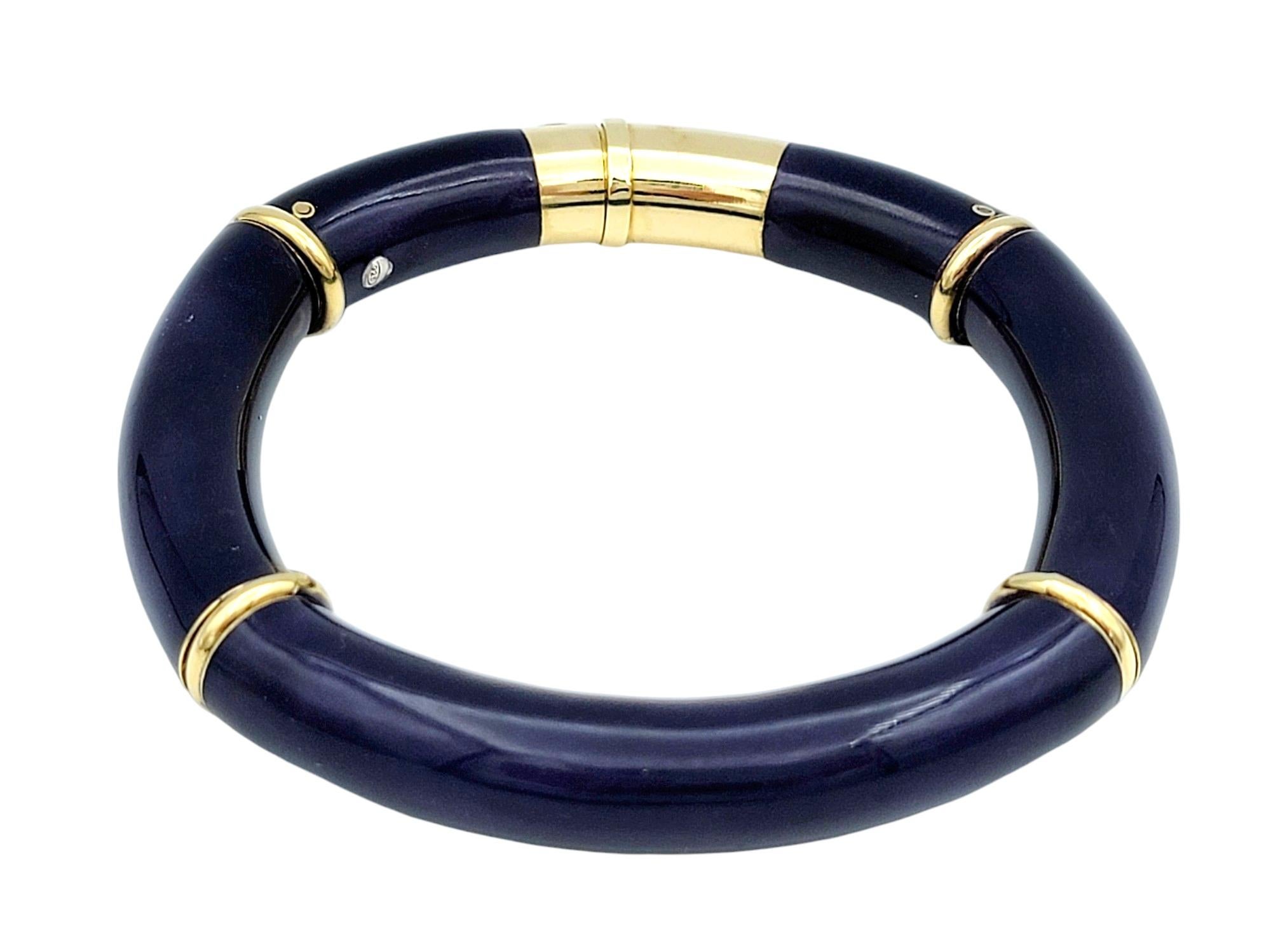 Contemporary Nouvelle Bague Blue Enamel and 18 Karat Yellow Gold Flex Bangle Bracelet For Sale