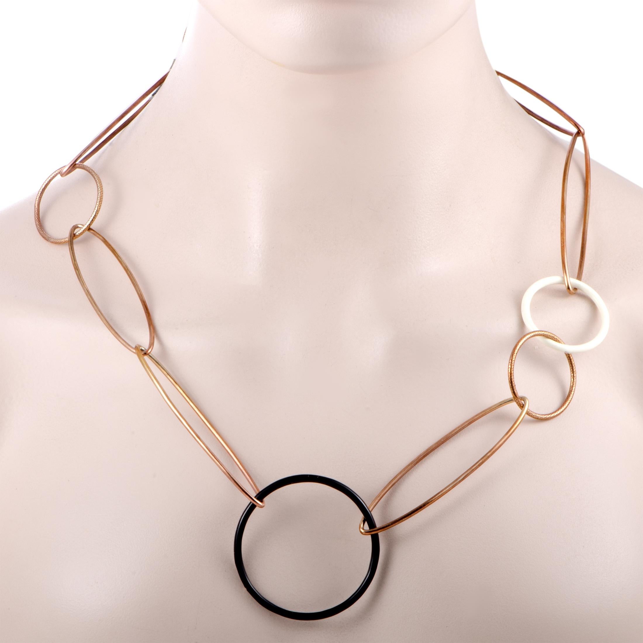 Women's Nouvelle Bague Sterling Silver Ivory and Black Enamel Large Link Long Necklace
