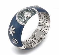 Nouvelle Bague Wide Cuff Diamond and Enamel Bracelet in 18k White Gold