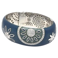 Nouvelle Bague Wide Cuff Diamond and Enamel Bracelet in 18k White Gold