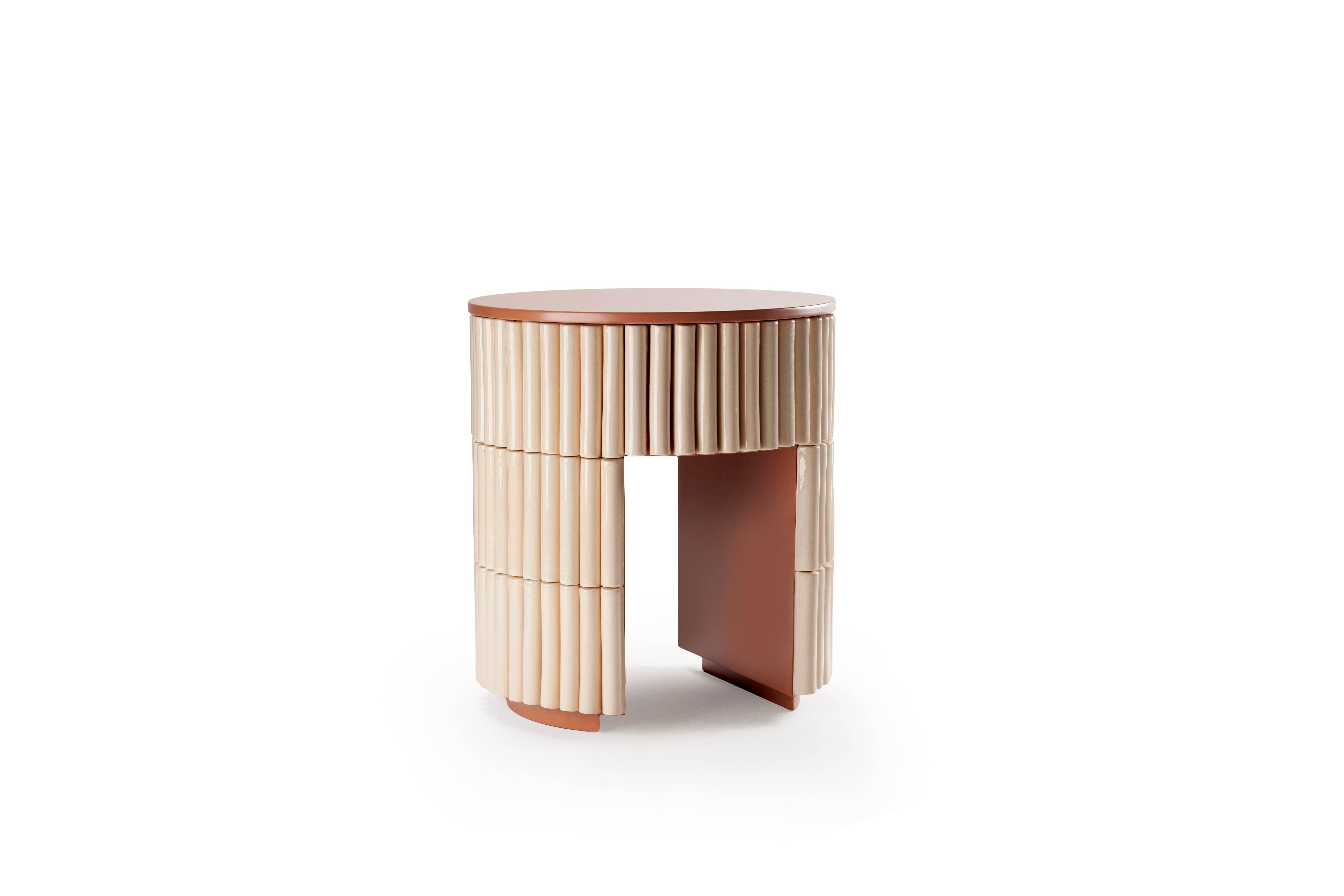 Nouvelle Vague side table by Dooq.
Measures: W 54 x D 54 cm x H 37.5 cm
Materials: Lacquered wood, Mar di Giava ceramic tiles.

Dooq is a design company dedicated to celebrate the luxury of living. Creating designs that stimulate the senses,