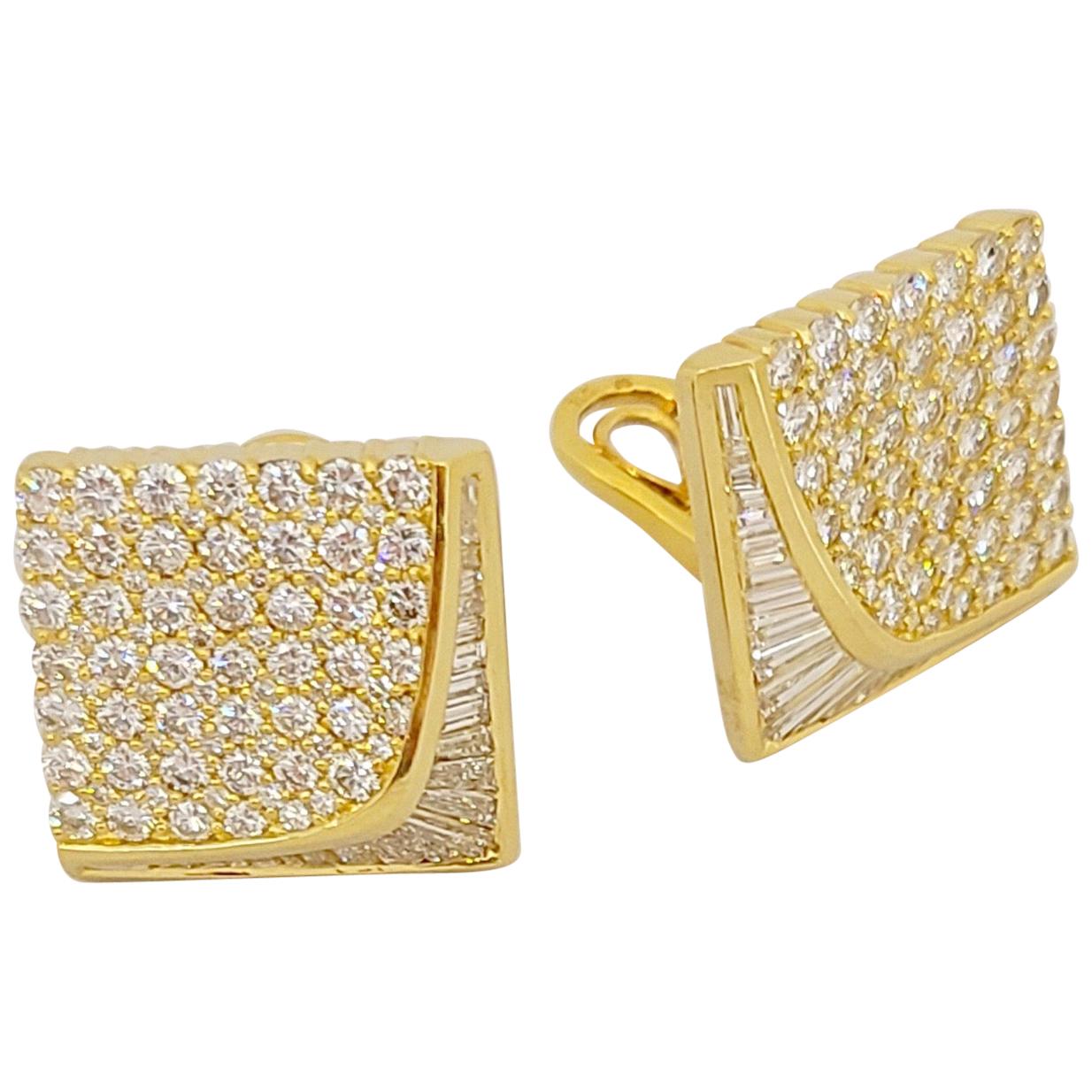 Nova 18 Karat Yellow Gold, 6.88 Carat Diamond Square Shaped Earrings For Sale