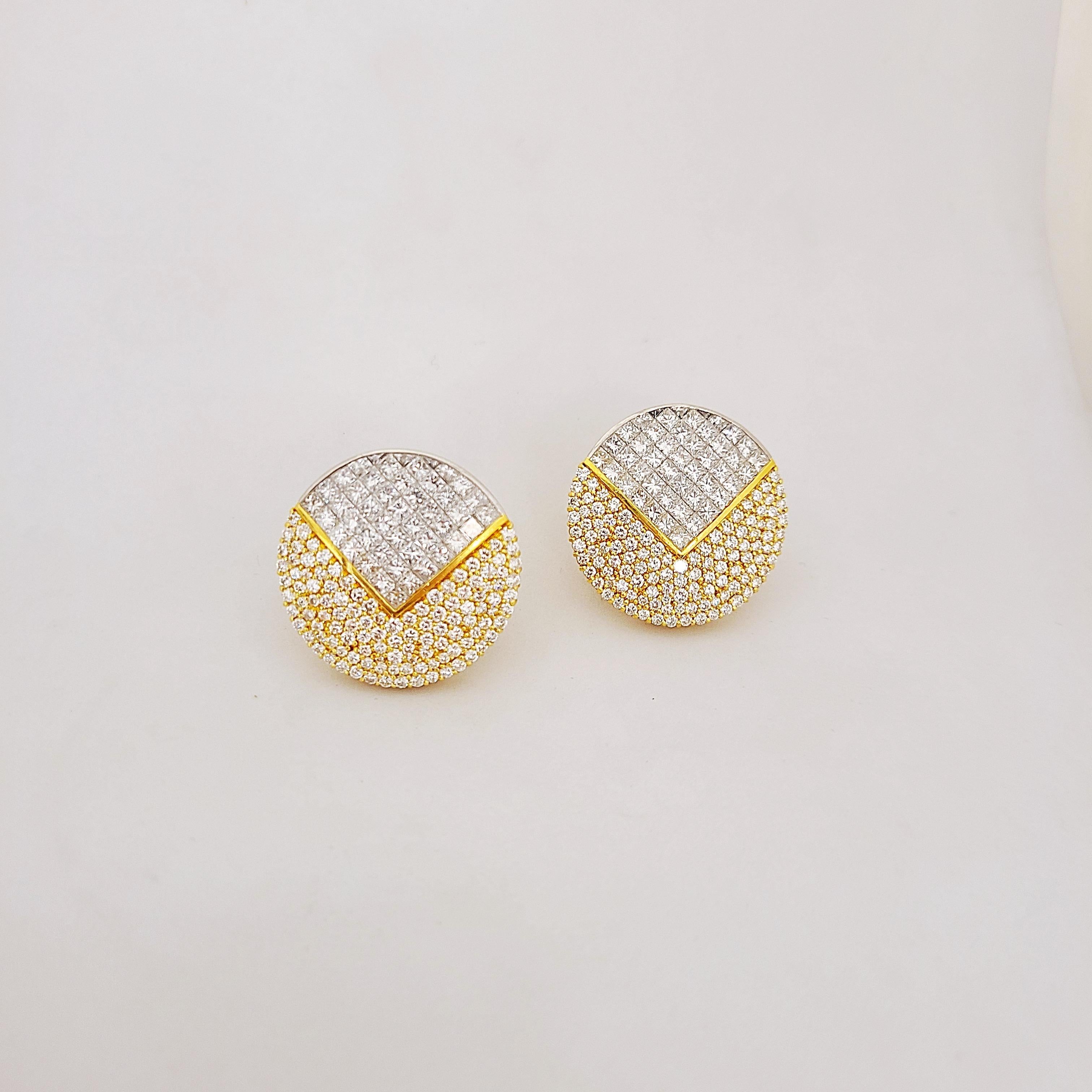 These vibrant earrings are composed of 18KT yellow gold and Platinum, Set with a section of invisibly set  diamonds (11.16Ct.) and a section of round brilliants (3.41Ct.) This classic shape is easy to wear, and the combination of Gold with Platinum,
