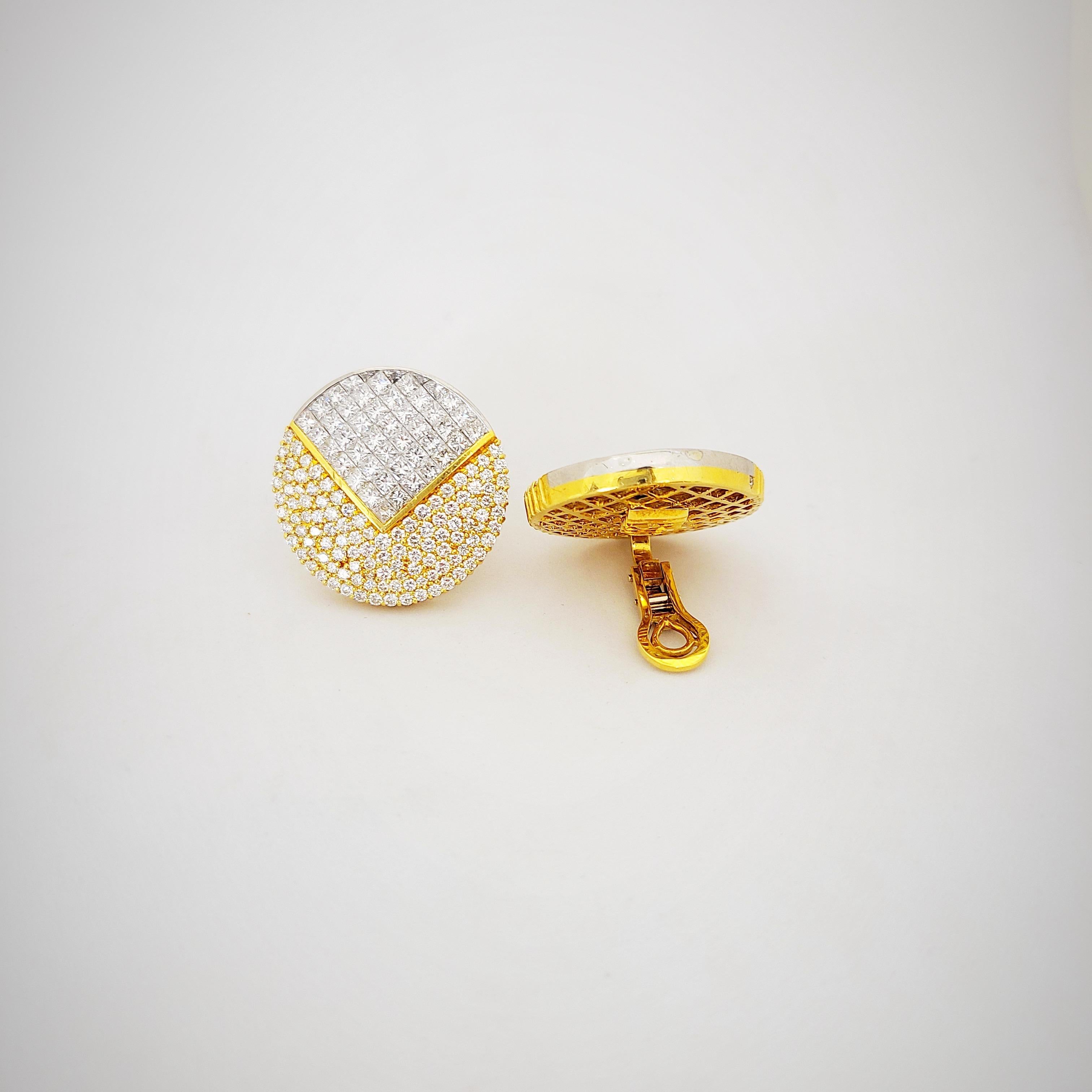 Princess Cut Nova 18 Karat Yellow Gold and Platinum 14.57 Carat Diamond Earrings For Sale